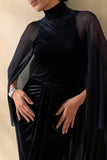 Adoring Black Velvet High Neck Maxi Dress With Cape
