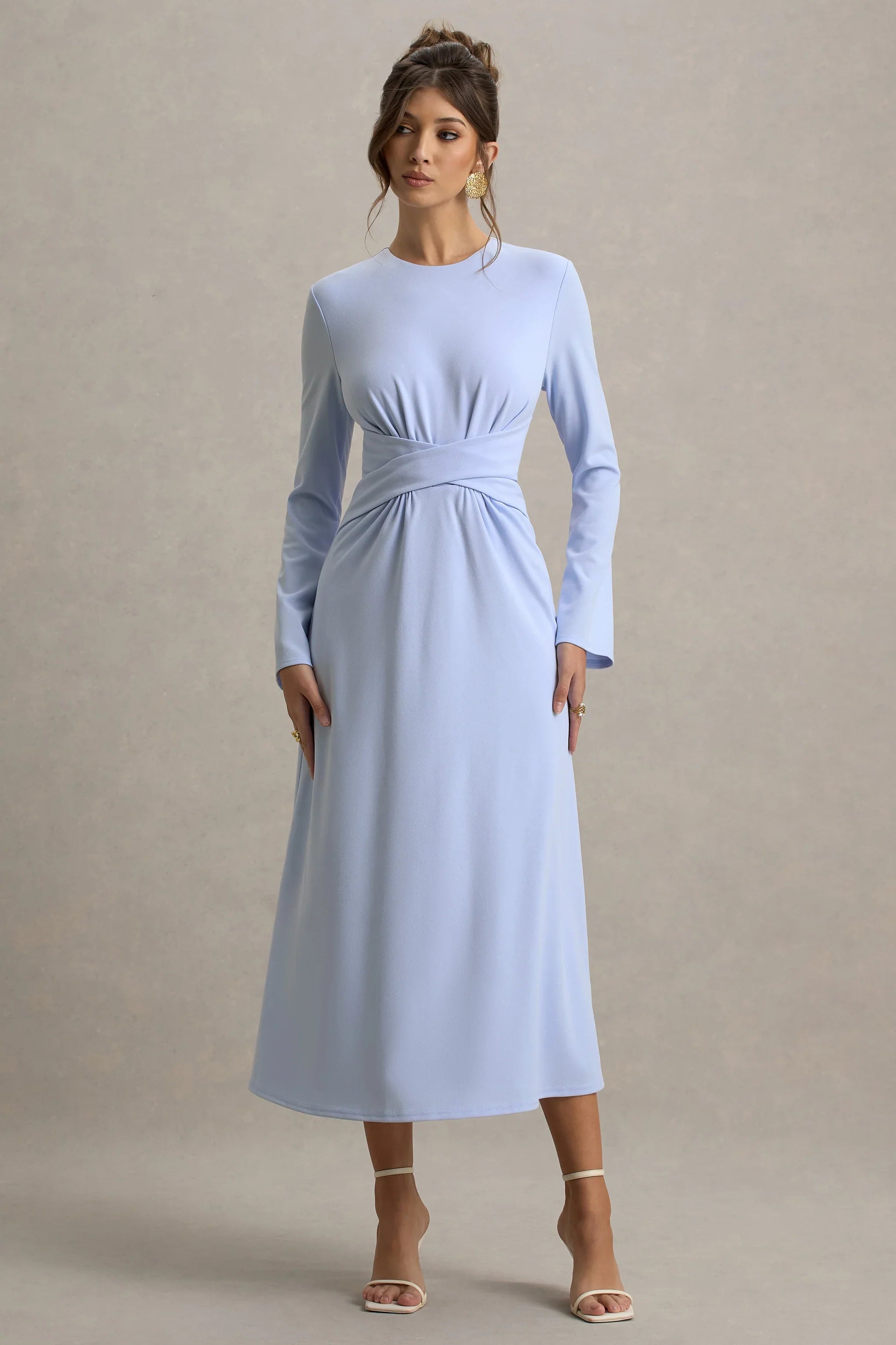 Cassiopeia Light Blue Long Sleeve Midi Dress With Cross Waist