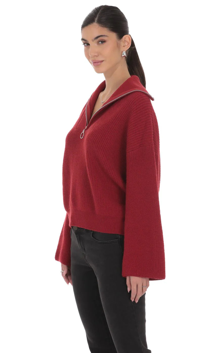 Knit Quarter Zip Jumper in Maroon