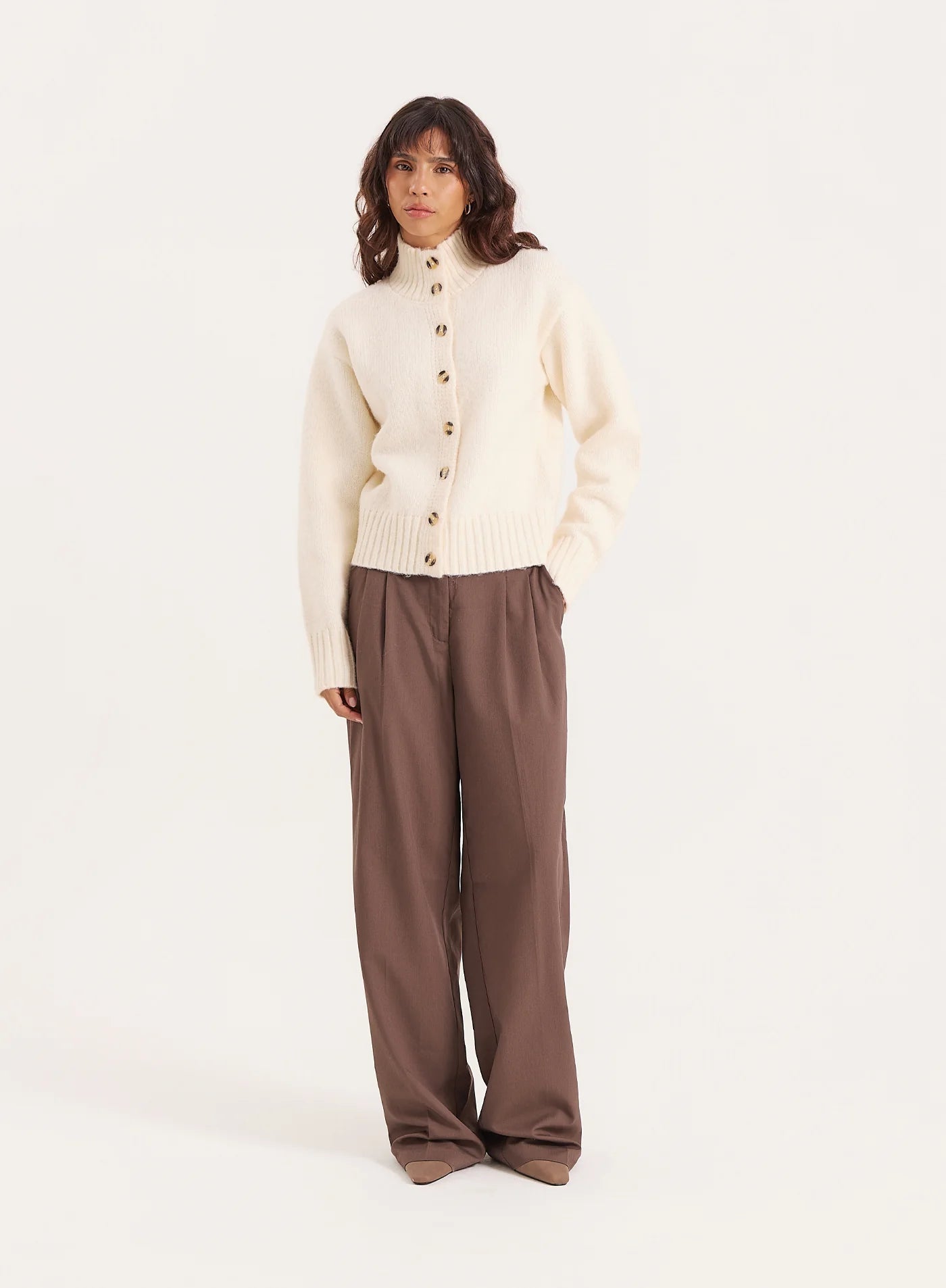 Cream Knitted Ribbed Cuff Button Down Cardigan