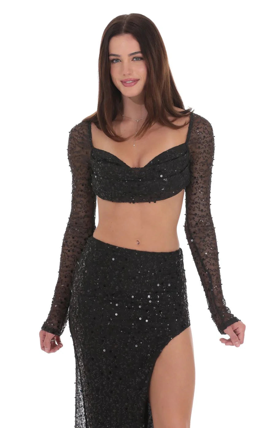Sequin Beaded Two Piece Set in Black