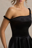 Leticia Black Asymmetric Neck Velvet Mini Dress With Twist Sleeve