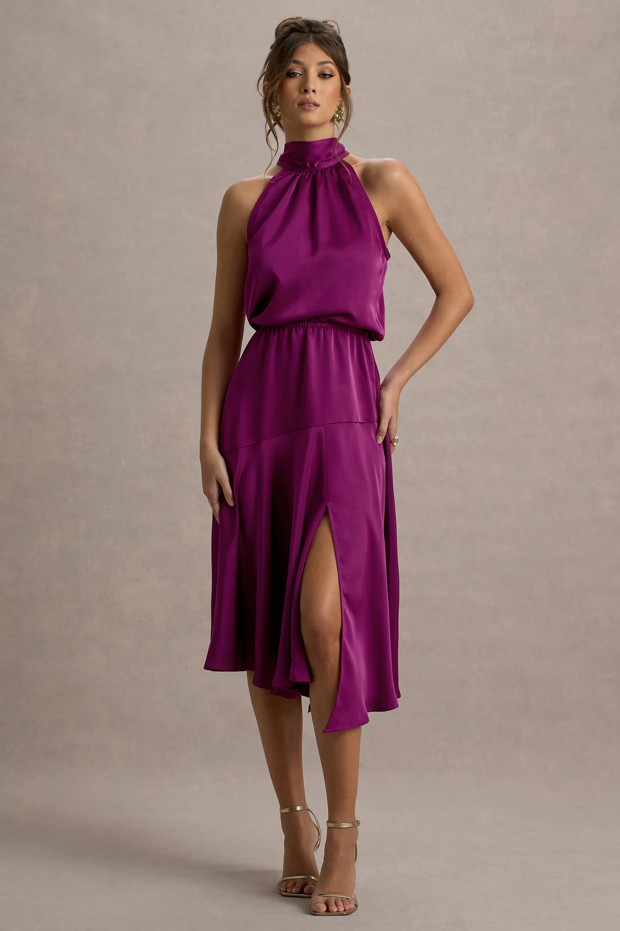 Palonia Dark Pink Satin High Neck Split Midi Dress