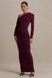 Perrie Burgundy Asymmetric Neck Maxi Dress With Ruched Detailing
