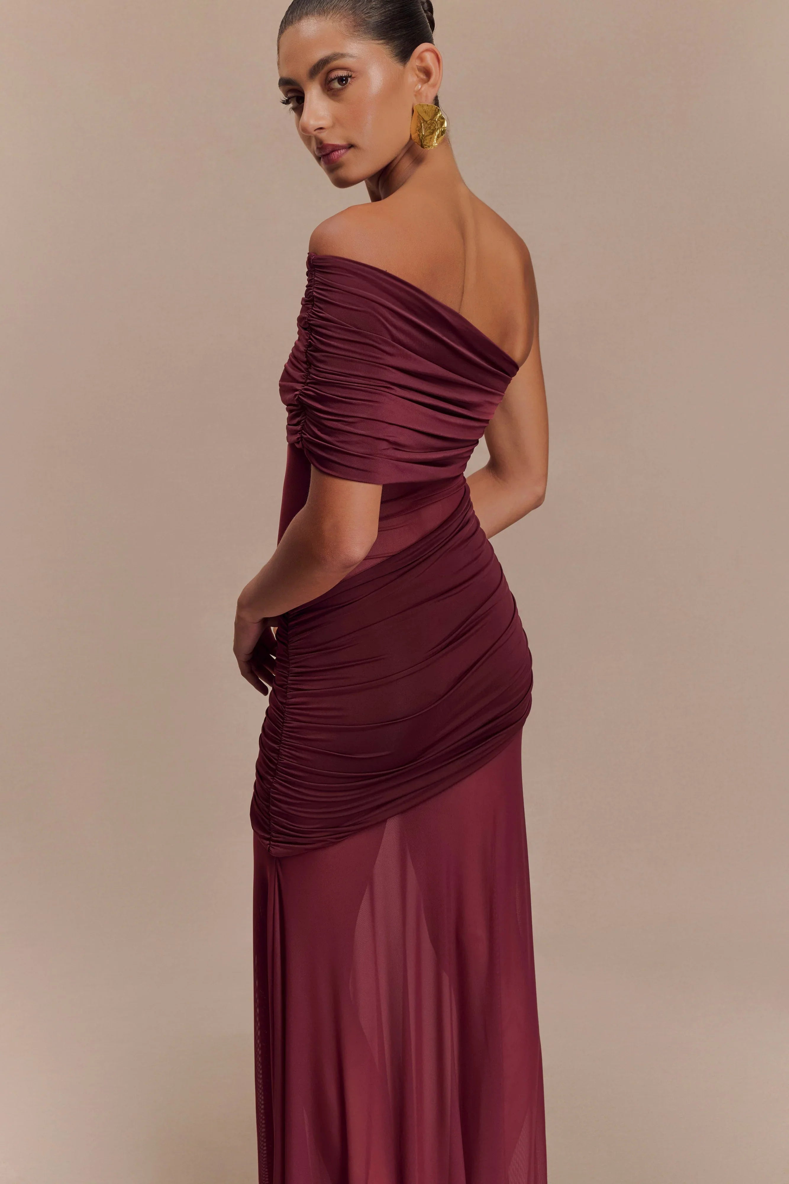 Dallas One Shoulder Mesh Maxi Dress Burgundy