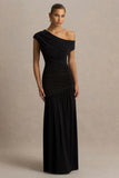 Kady Black Asymmetric Neck Maxi Dress With Ruched Detailing and Front High Split