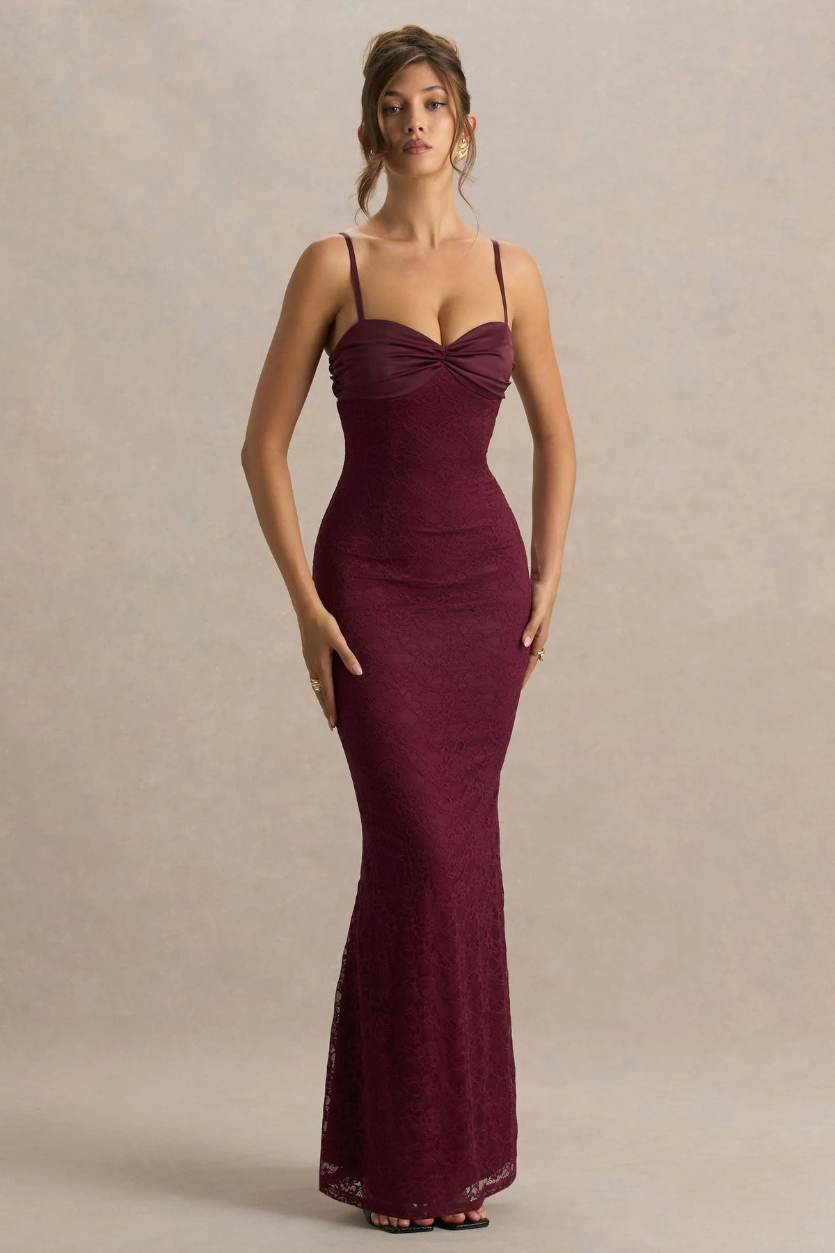 Juana Burgundy Lace And Satin Sweetheart Neck Satin Maxi Dress