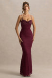 Juana Burgundy Lace And Satin Sweetheart Neck Satin Maxi Dress