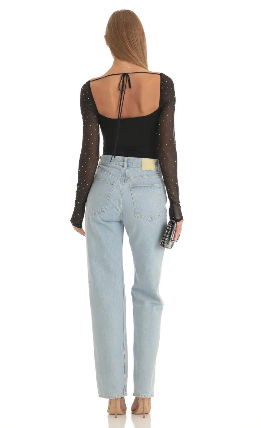 Diamond Glitter Square Neck Bodysuit in Black