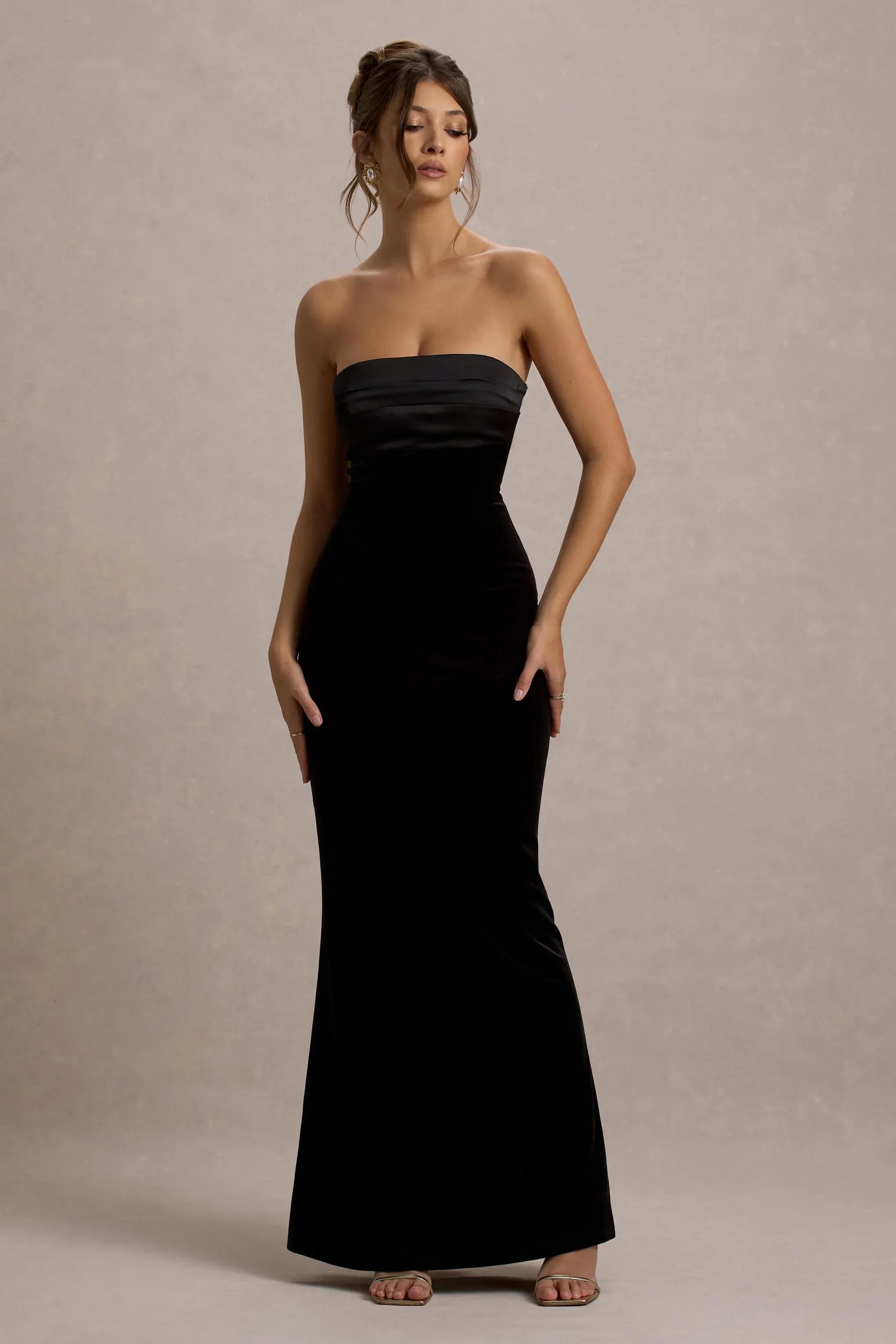 Ambrosi Black Velvet Bandeau Maxi Dress
