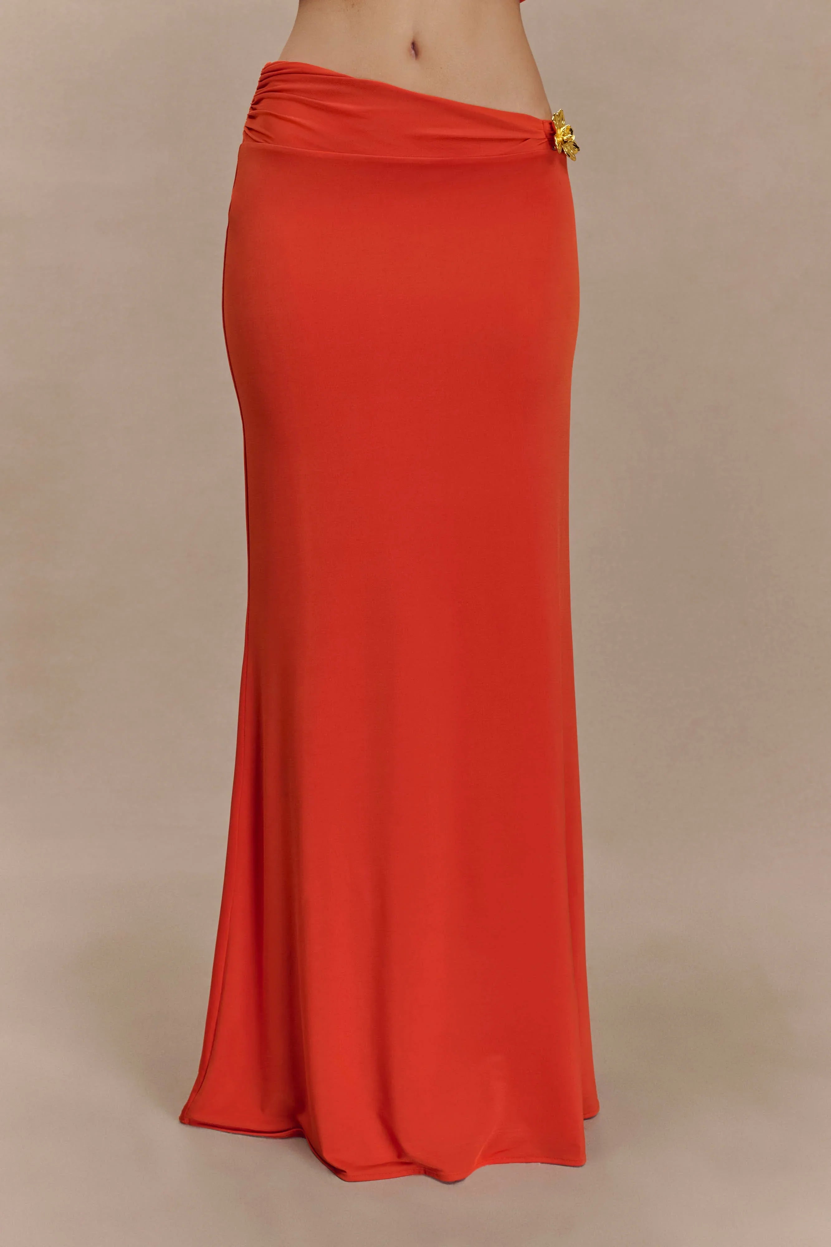 Ainsley Asymmetrical Maxi Skirt With Floral Hardware Burnt Orange
