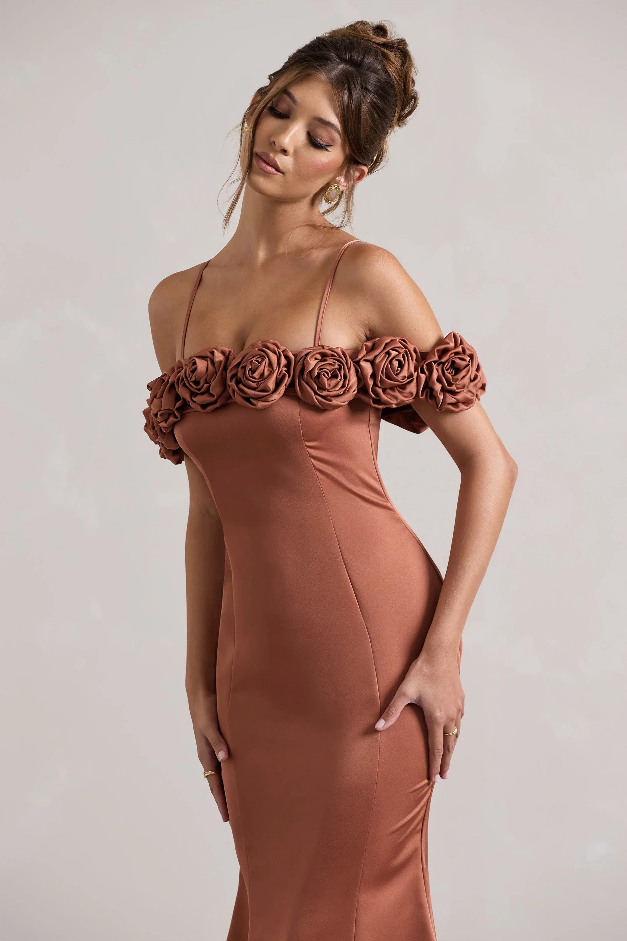 Petunia Rust Satin Floral Bardot Midi Dress