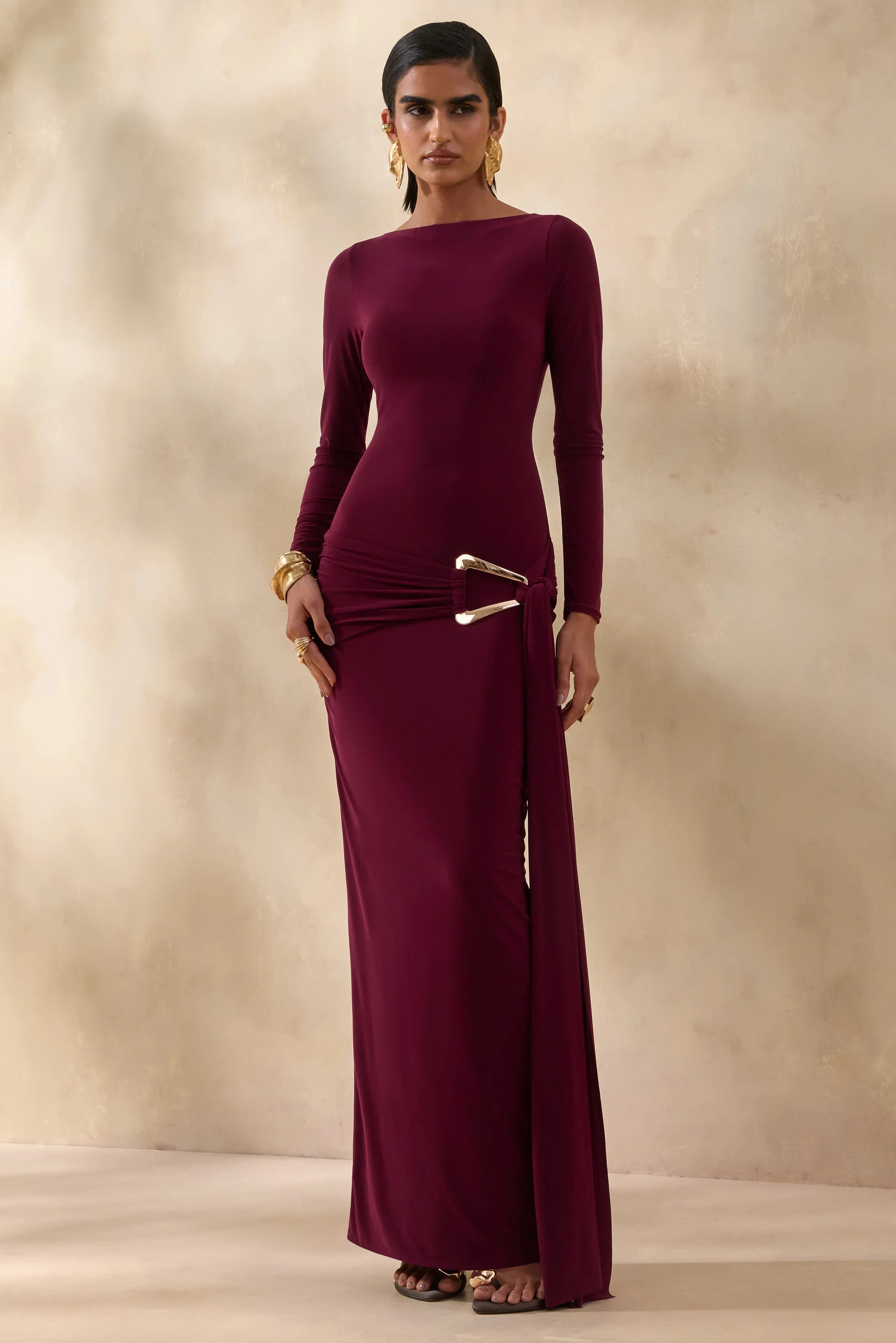 Astrielle Burgundy Wide Neck With Gold Detail And Sash