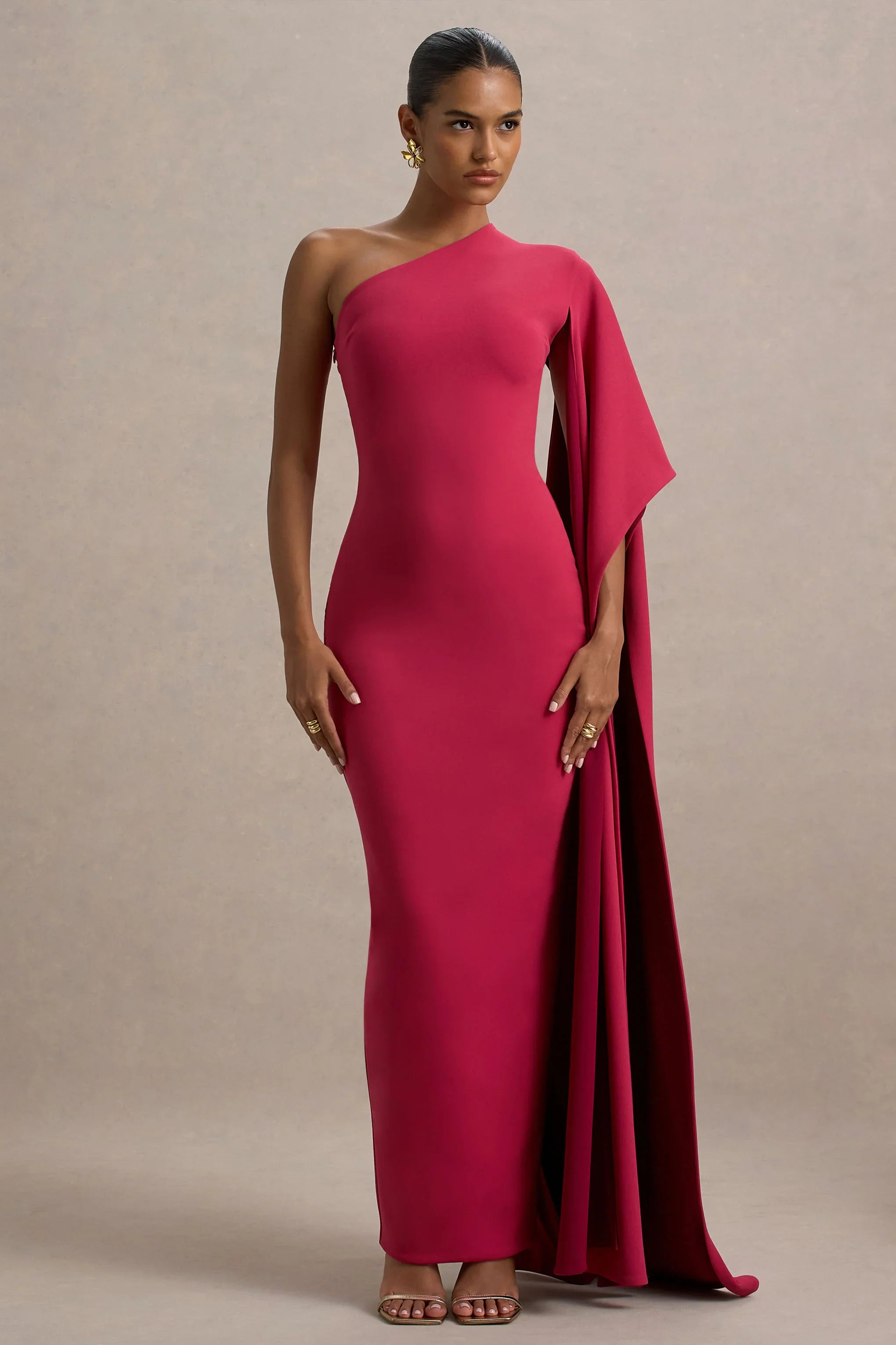 Lily Hot Pink Burgundy Asymmetric Maxi Dress With Cape Sleeve
