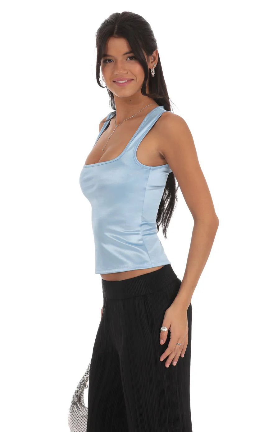 Satin Square Neck Top in Sky Blue