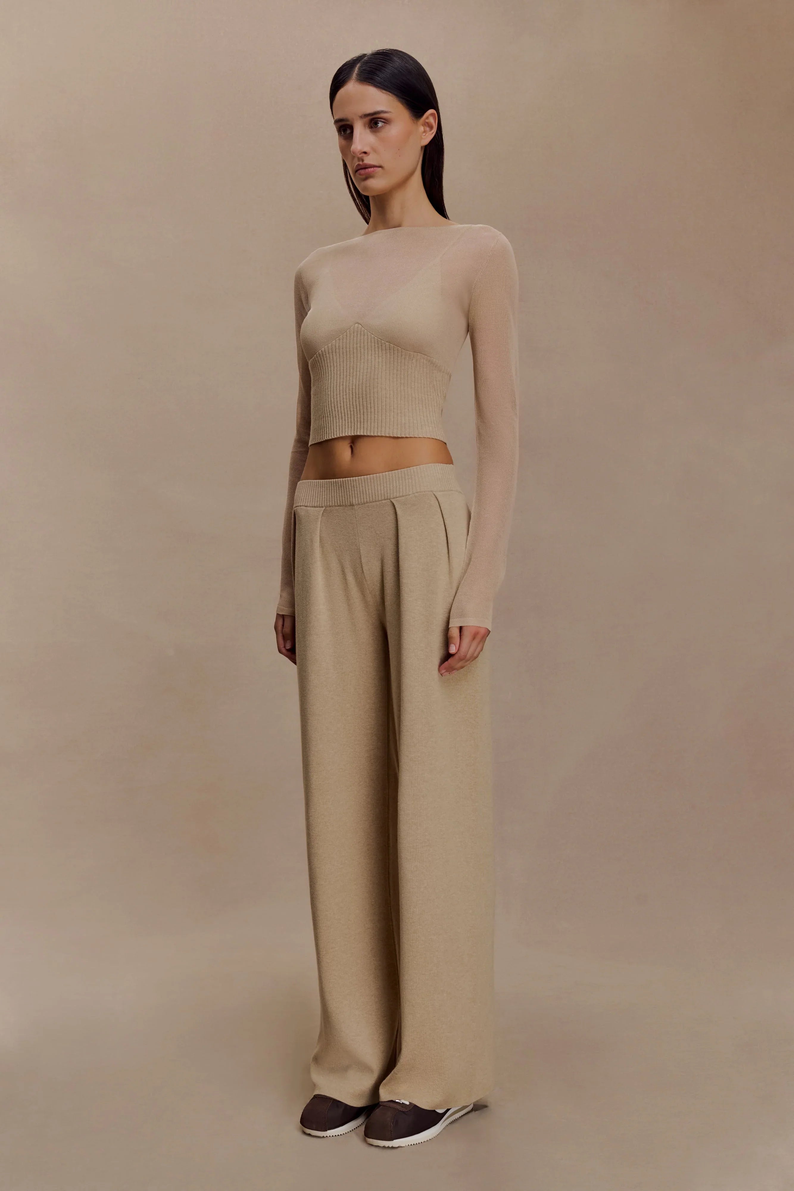 Frannie Gathered Silk Blend Knit Pants Sand