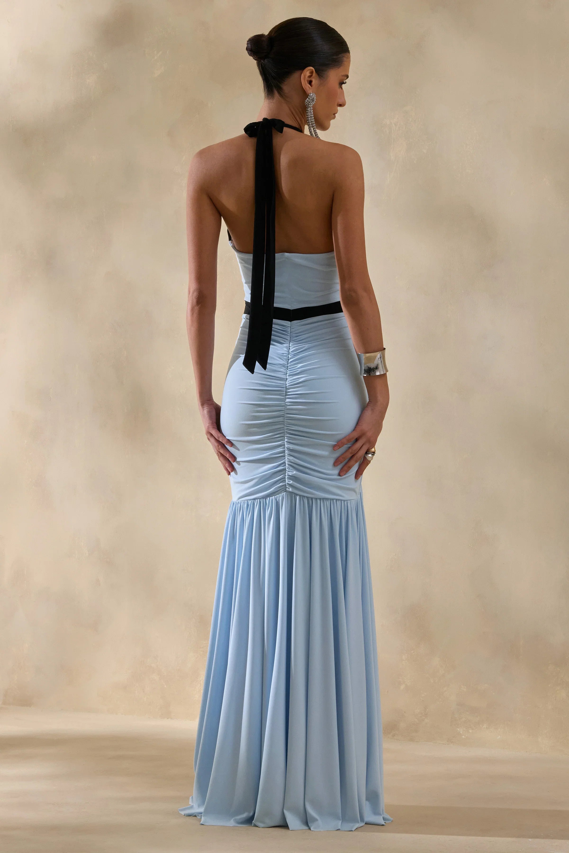 Cosmina Powder Blue Plunge Neck Maxi Dress With Bow Detail