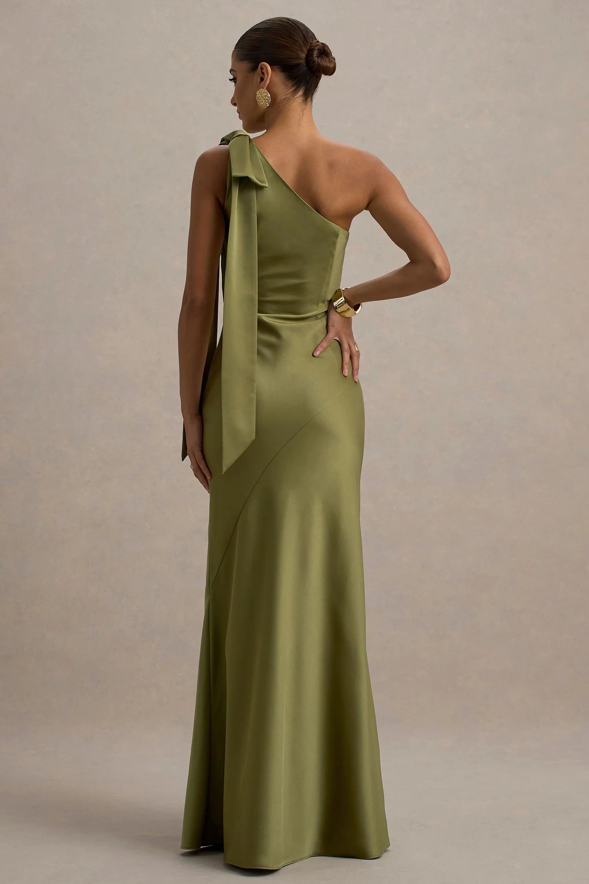 Here For Love Khaki Satin Asymmetric Maxi Dress With Bow