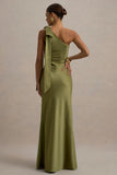 Here For Love Khaki Satin Asymmetric Maxi Dress With Bow