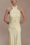 Indira Gathered Slinky Halter Maxi Dress Lemon
