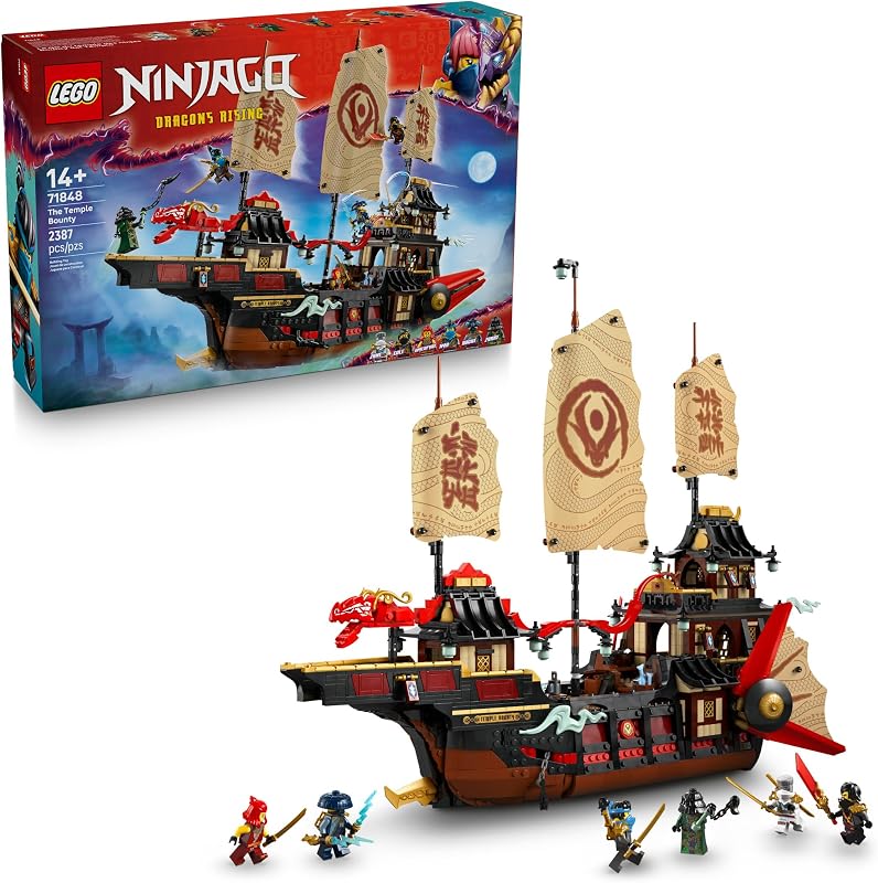 LEGO NINJAGO The Temple Bounty Building Toy Multi Level Boat W 6 Ninja Toy Minifigures for Kids Ages 14 Model Building Kit with Display Stand Dragons Rising Gift for Teen Boys Girls 71848