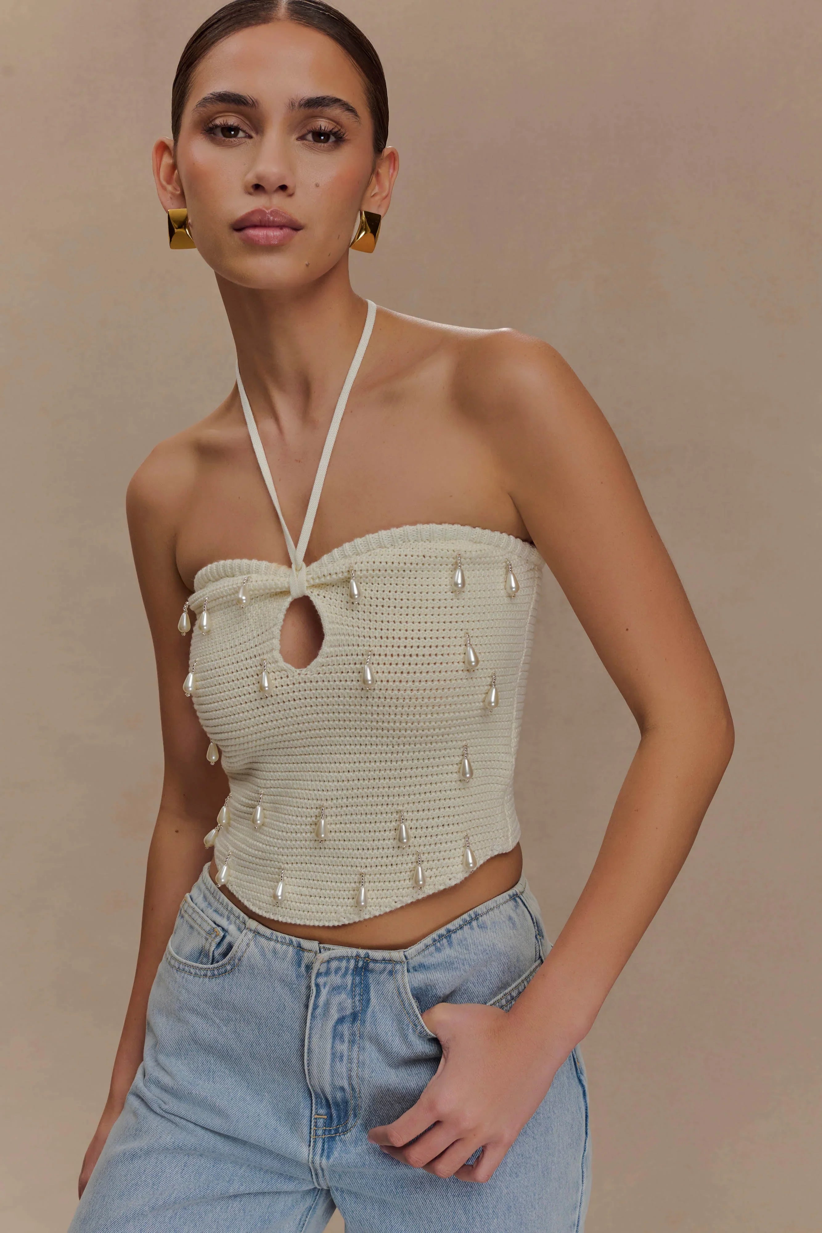 Aletta Knit Pearl Halter Top Ivory