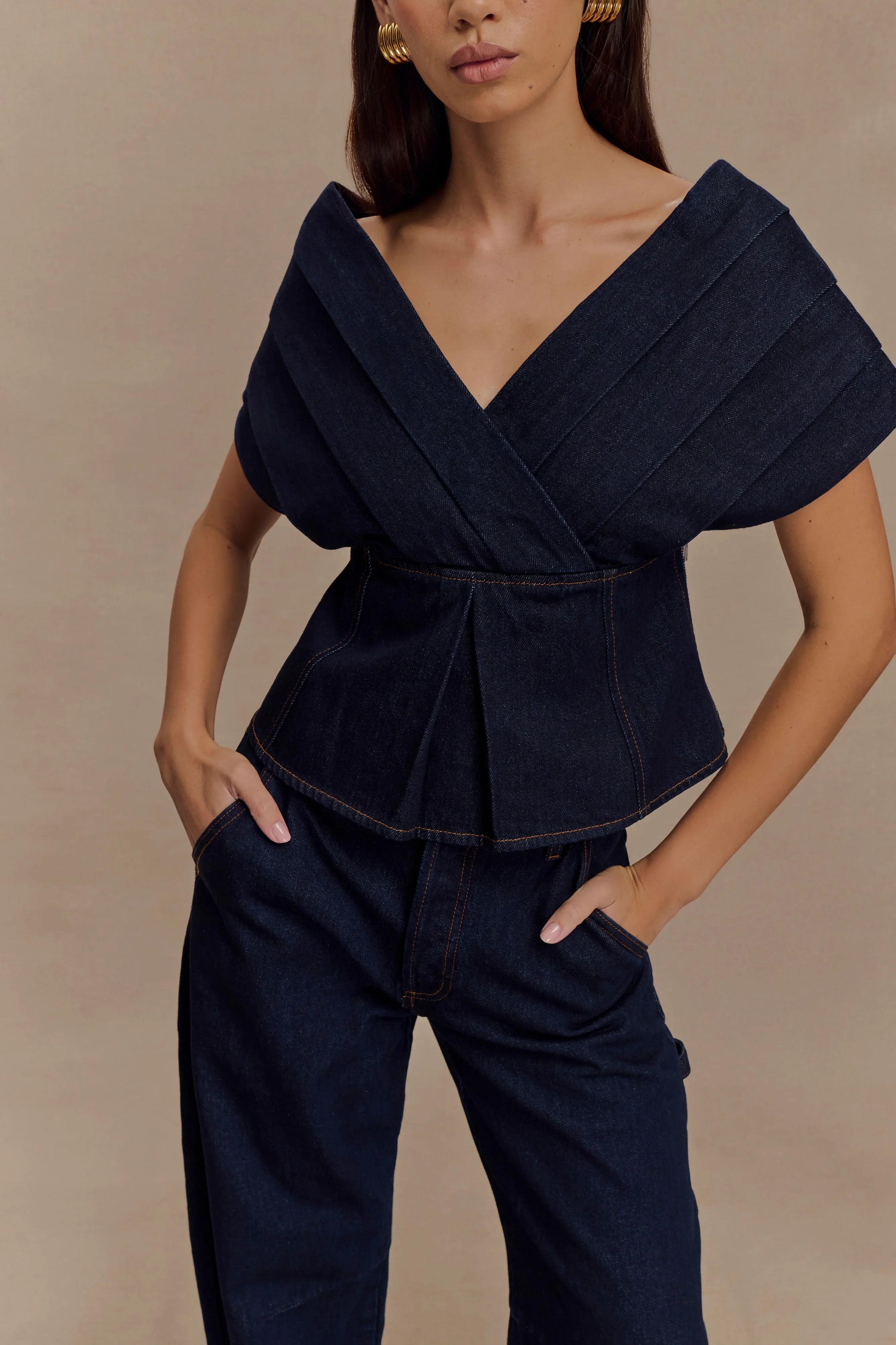 Rayne Off Shoulder Denim Top Indigo Blue