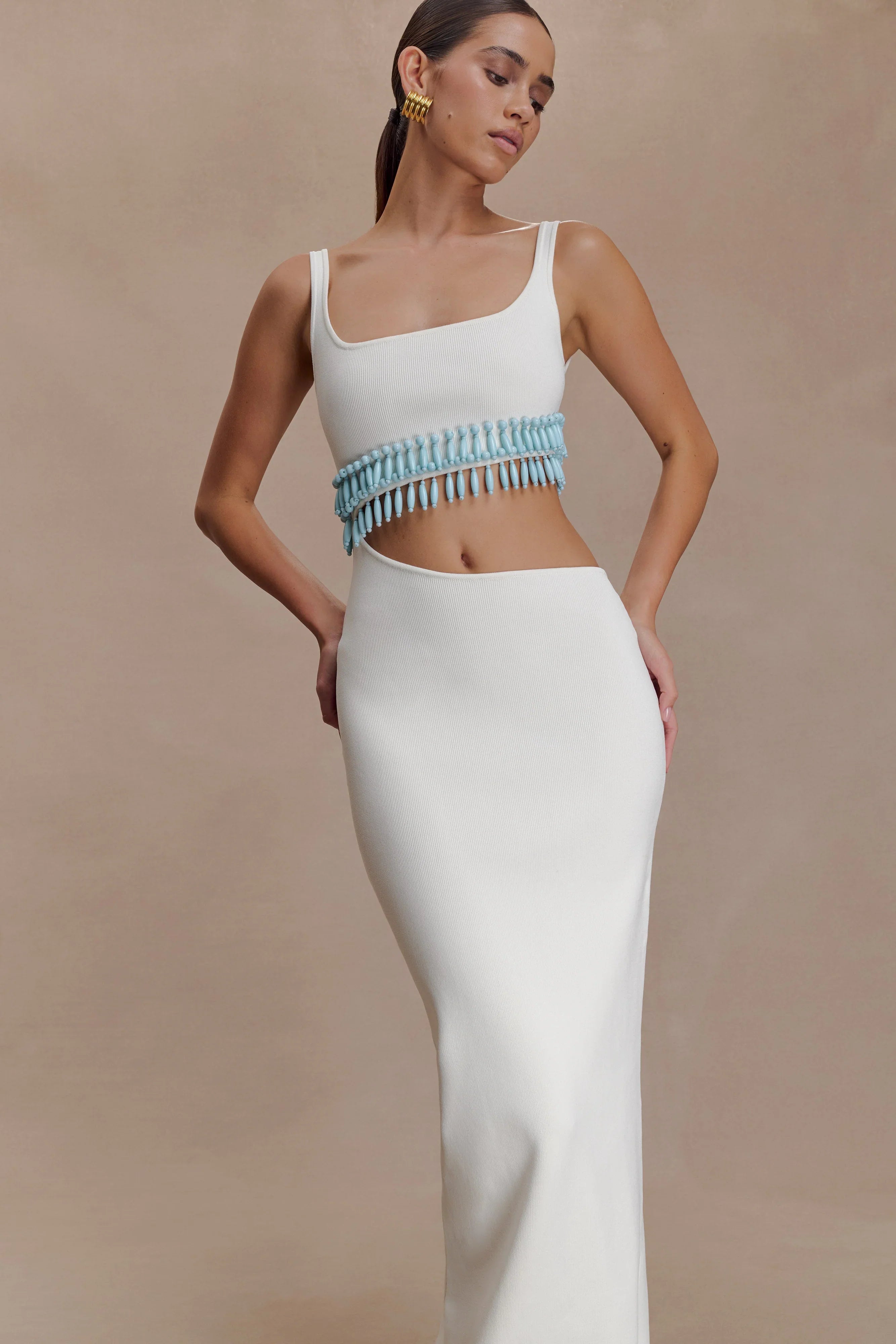 Ruvic Knit Maxi Beaded Dress White