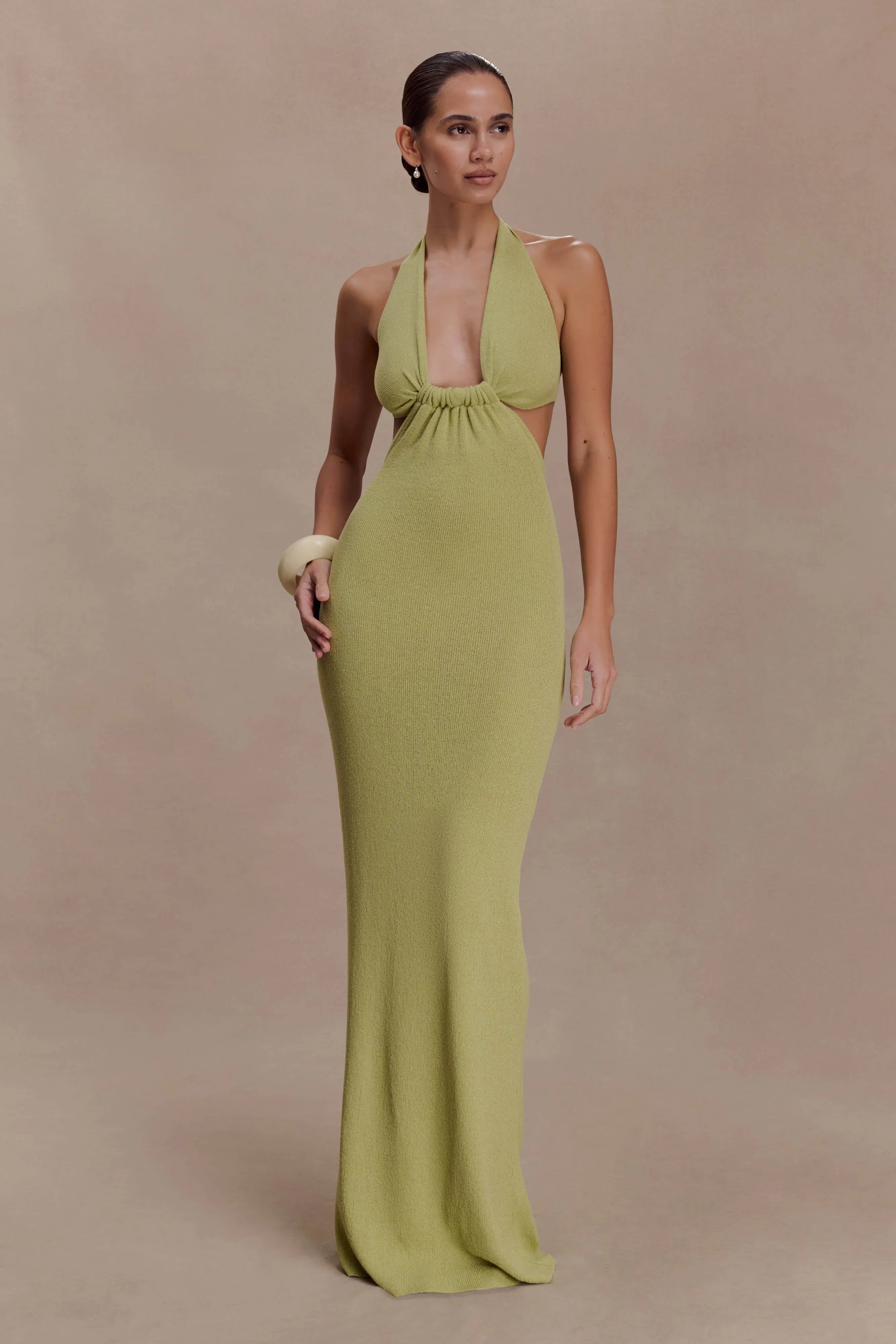 Theresea Halter Knit Maxi Dress Light Olive