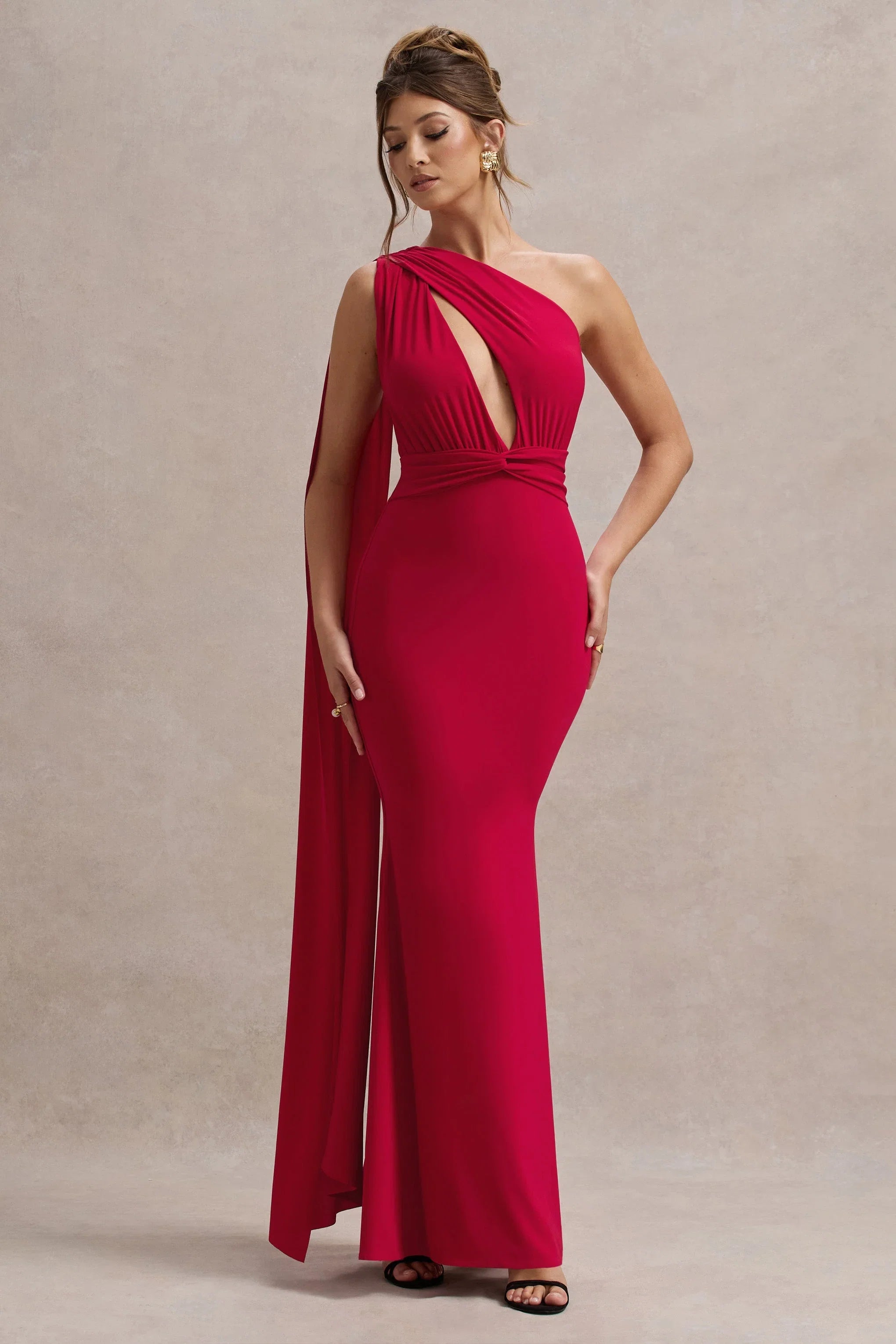 Elaina Red Asymmetric Knot Maxi Dress With Sash