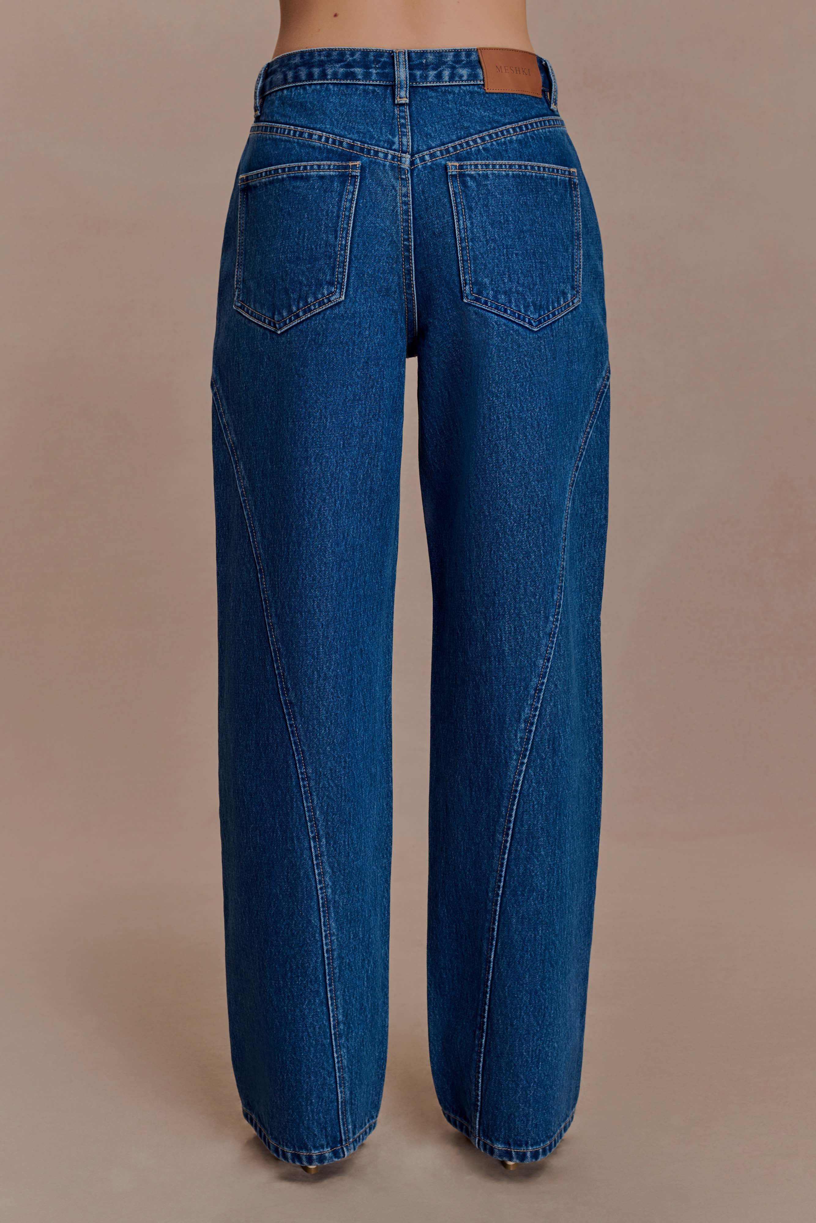 Georgette Mid Rise Paneled Denim Jeans Dark Blue