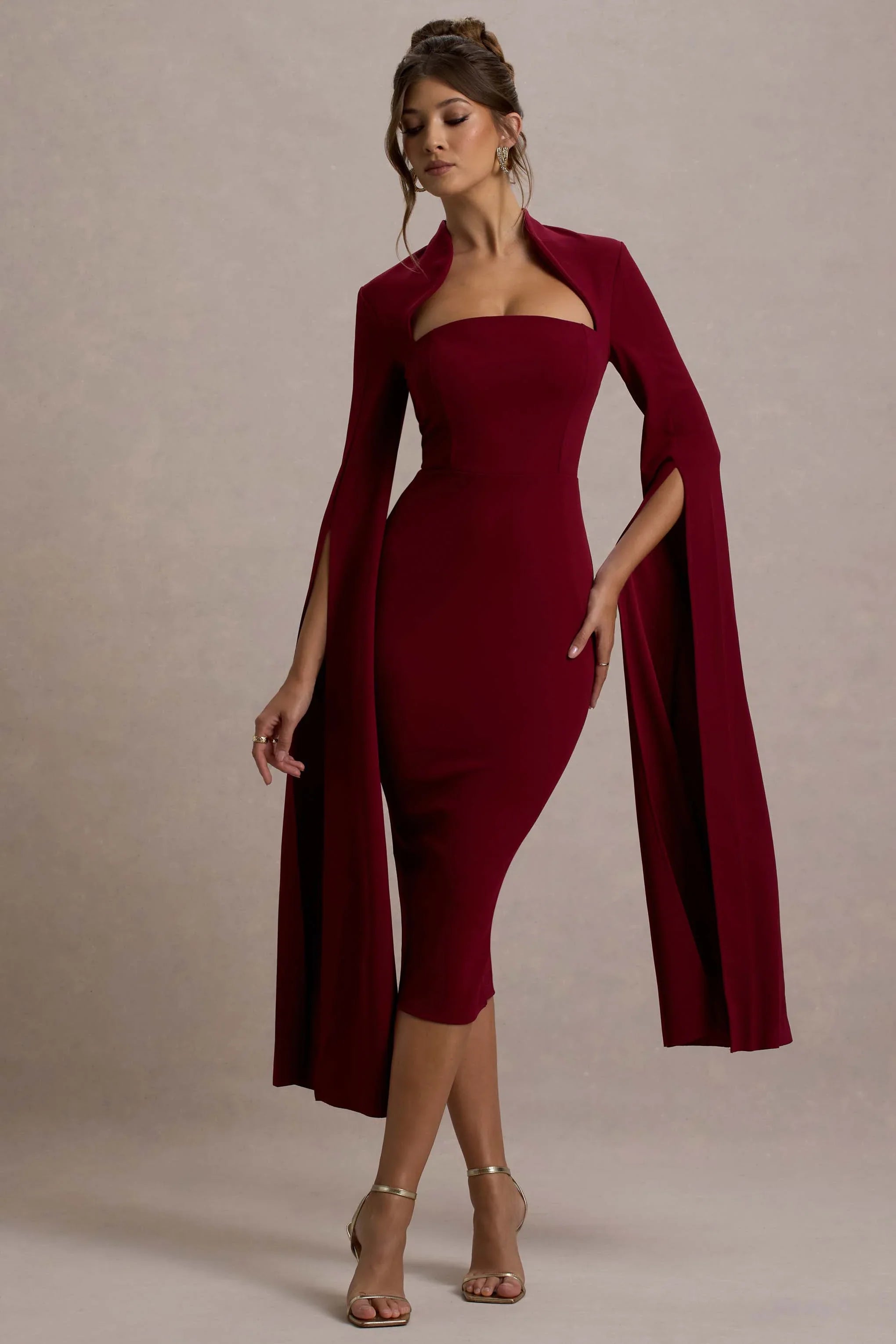 Linden Berry Bodycon Cape Sleeve Midi Dress