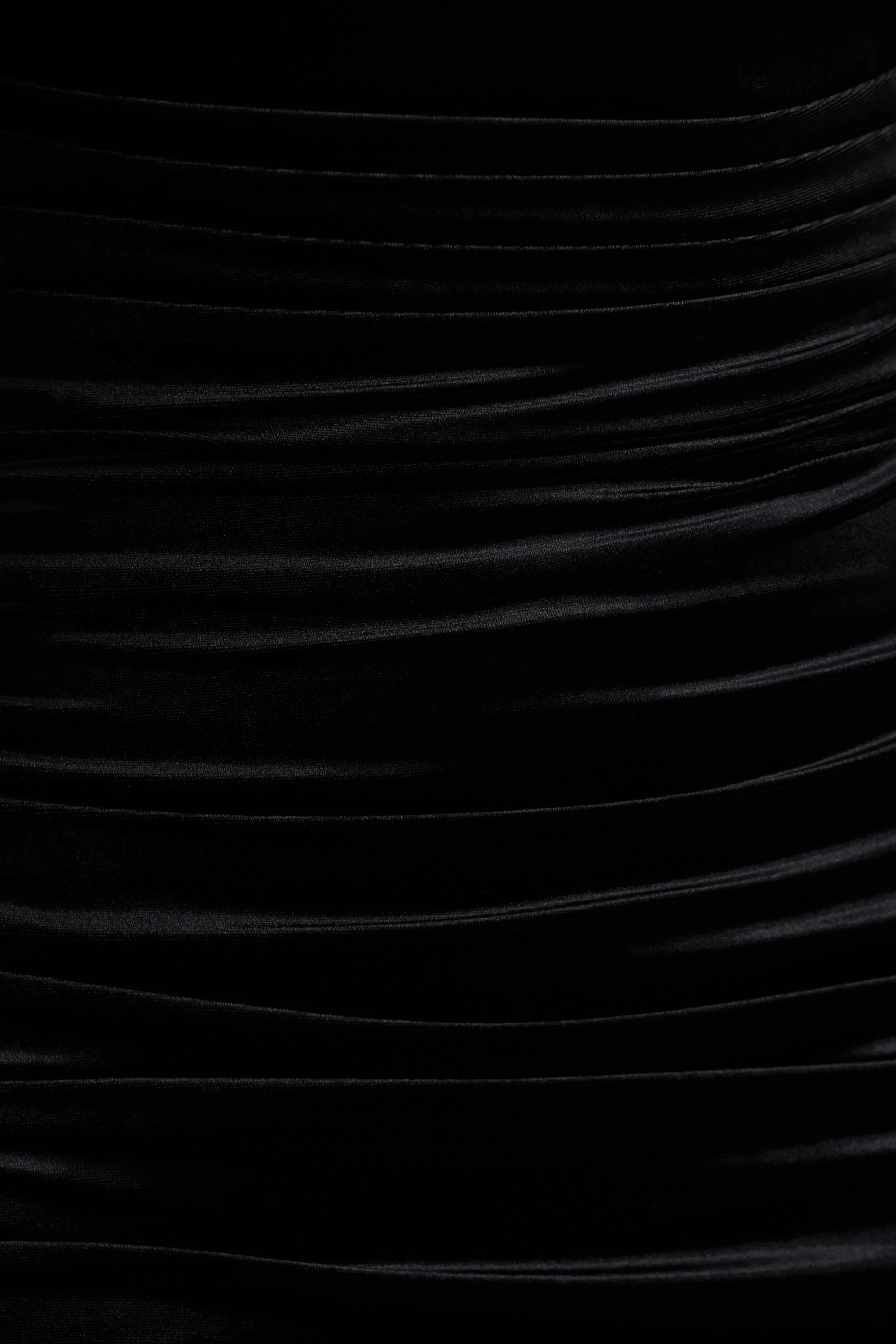Chrissy Black Velvet Square Neck Midi Dress With Mesh Sleeves And Ruched Detailing