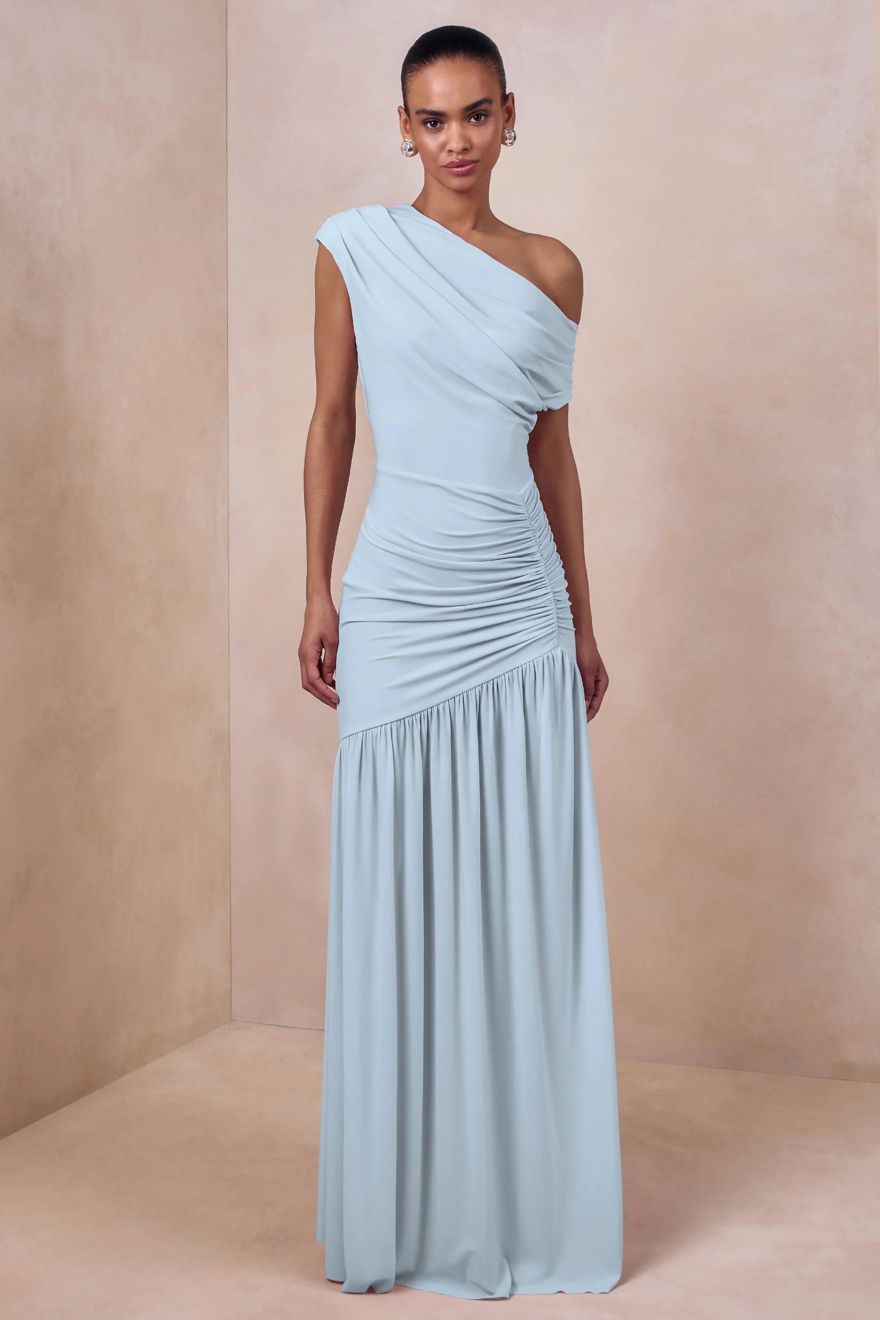 Kady Powder Blue Asymmetric Neck Maxi Dress With Ruched Detailing