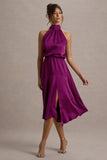 Palonia Dark Pink Satin High Neck Split Midi Dress