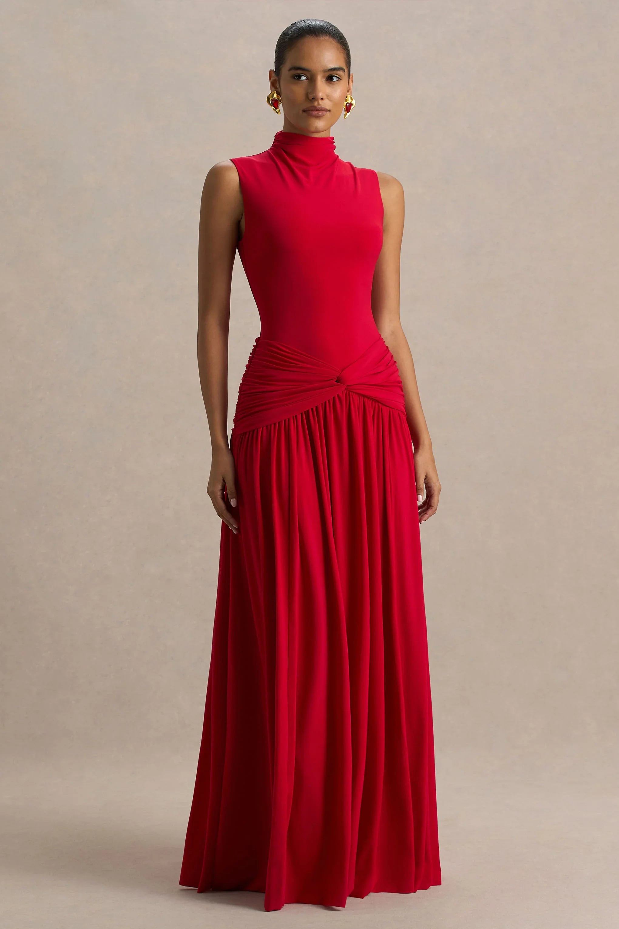 Cascade Red High Neck Maxi Dress With Twist Detail