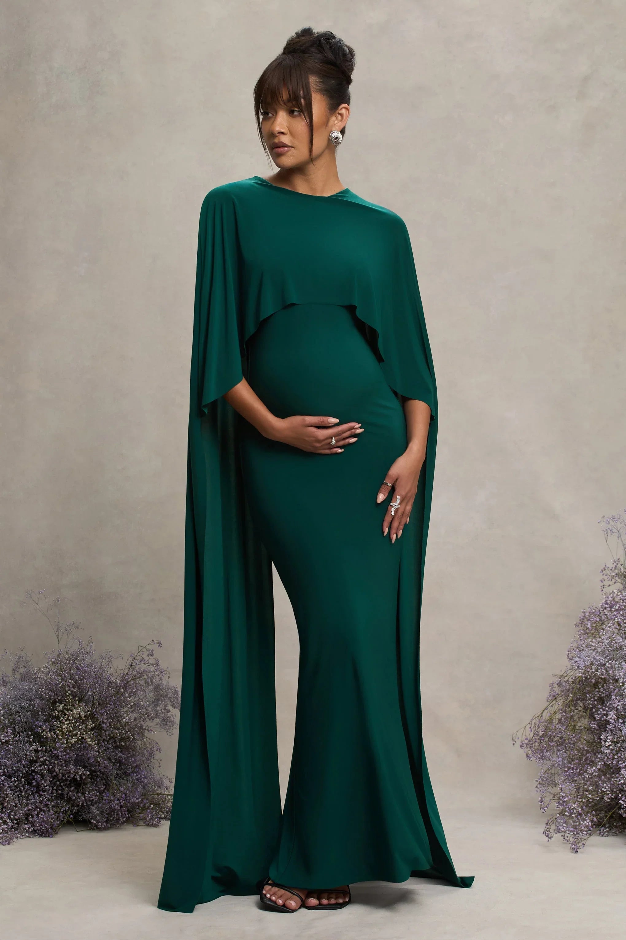 Padma Bottle Green Draped Maternity Maxi Dress With Cape Sleeves
