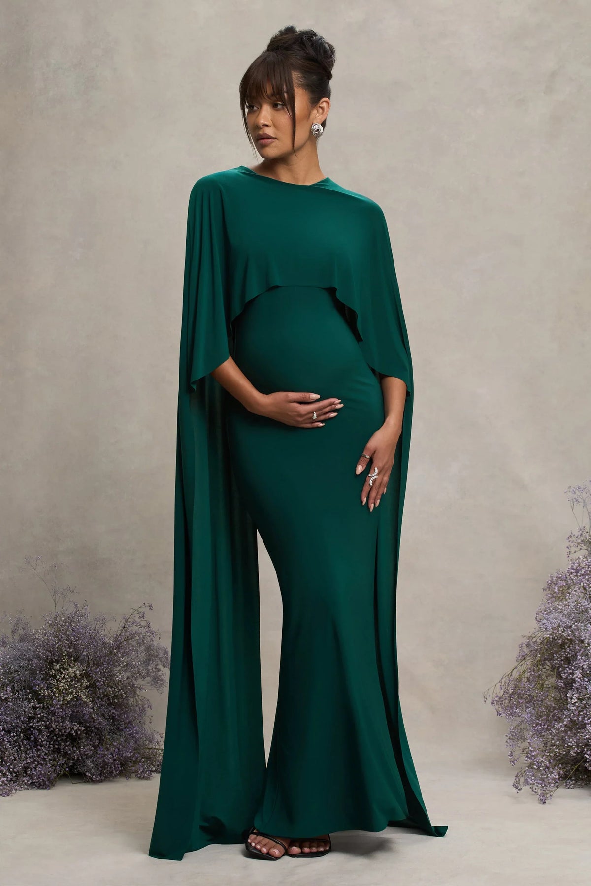 Padma Bottle Green Draped Maternity Maxi Dress With Cape Sleeves