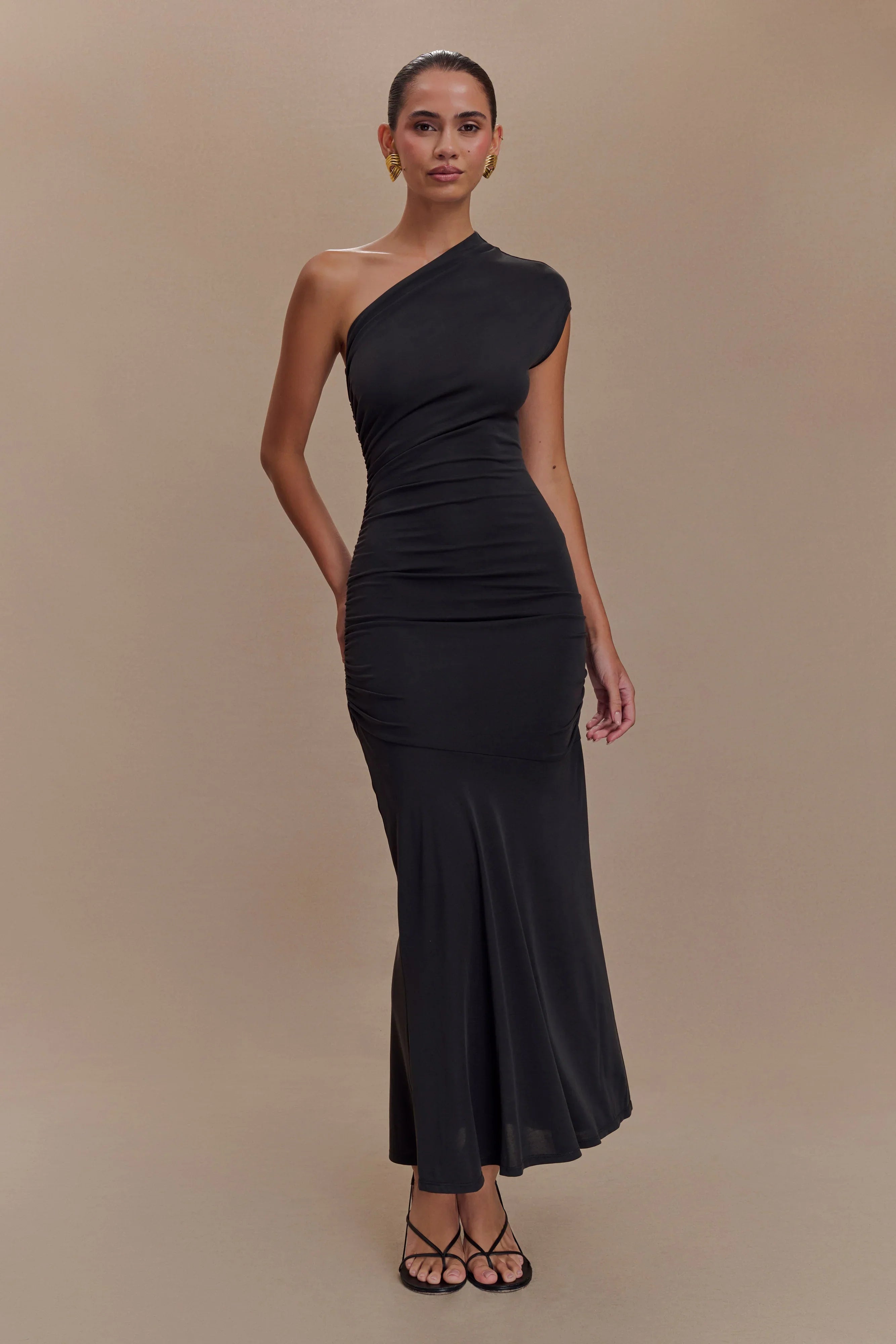 Chloe Peached Jersey One Shoulder Midi Dress Black