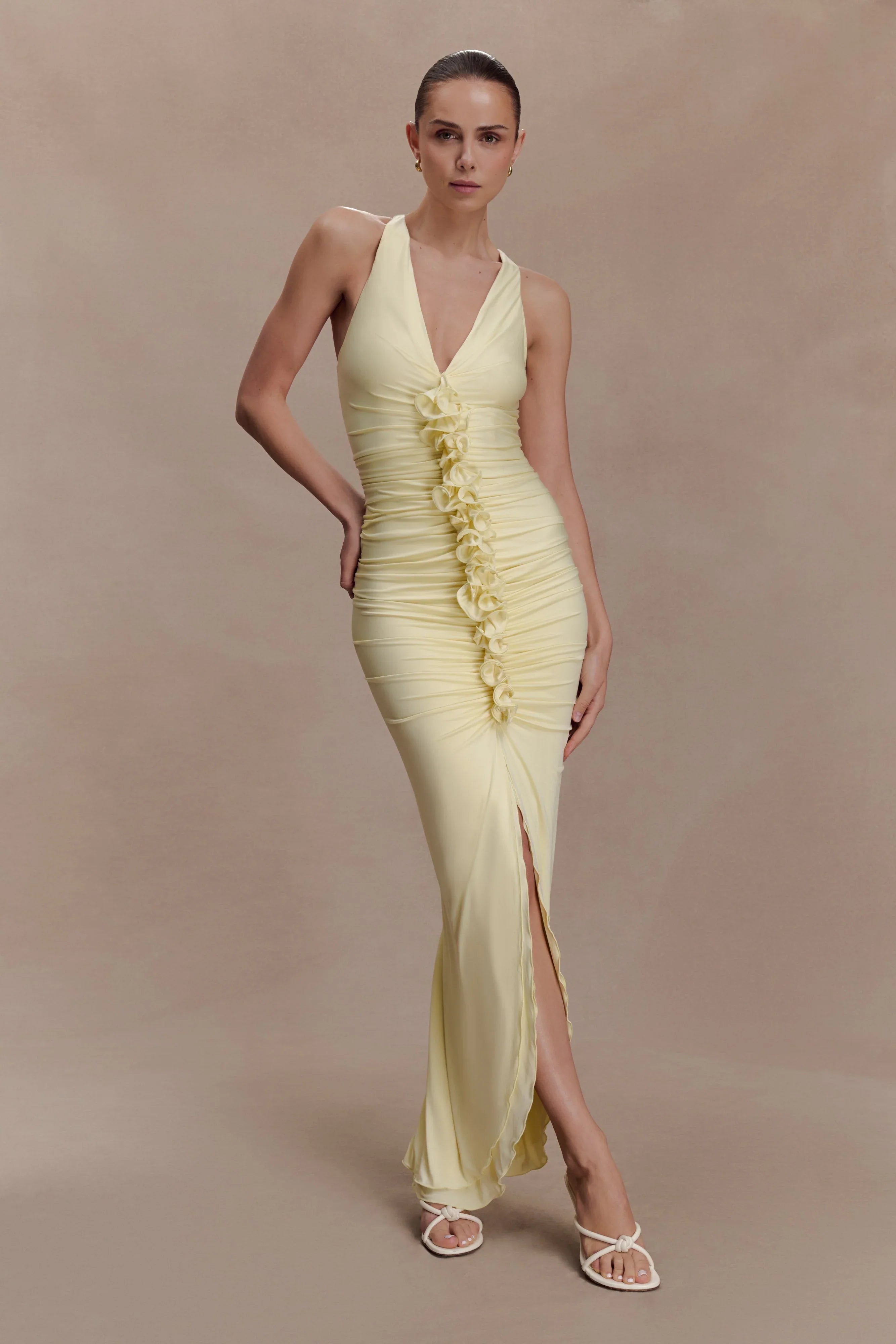 Alessandra Slinky Ruffle Maxi Dress Lemon