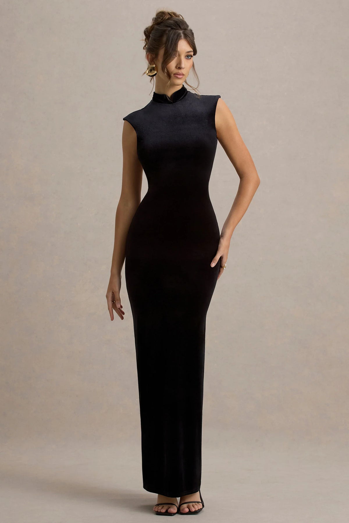 Samaria Black Velvet High Neck Maxi Dress