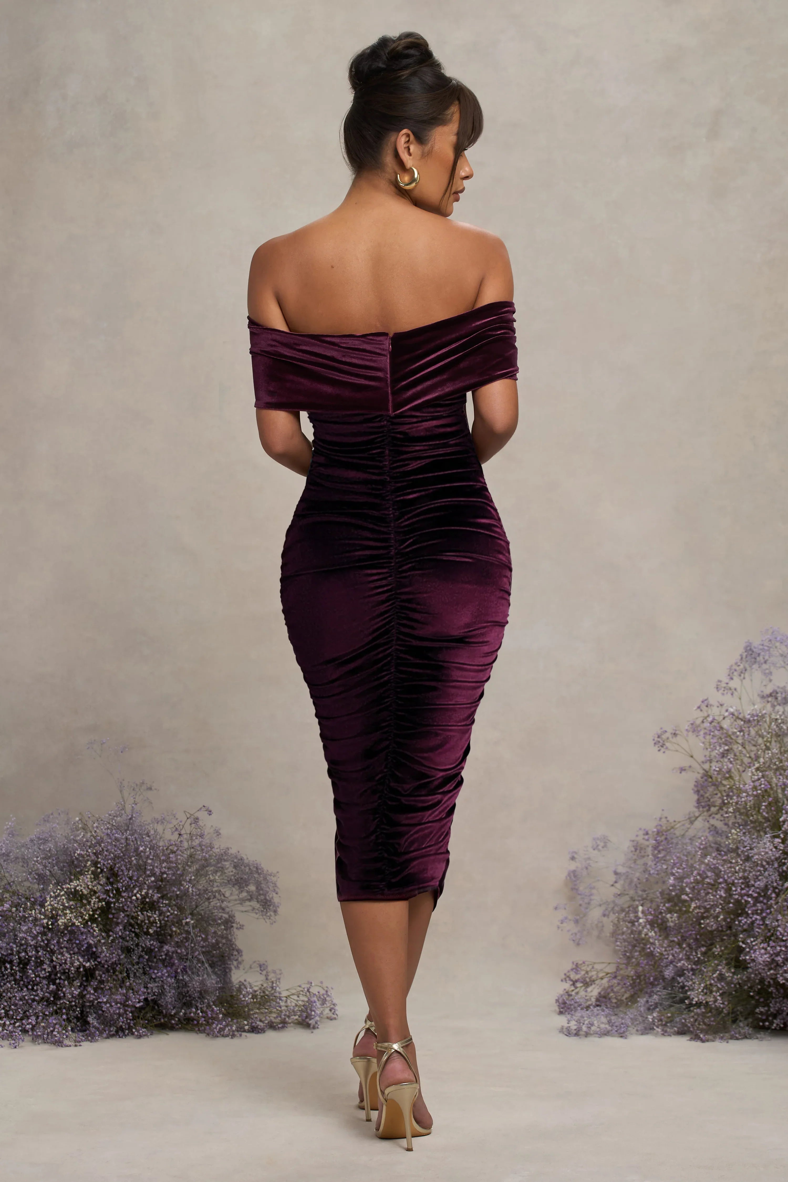 Alyssa Port Velvet Maternity Bardot Bow Maternity Midi Dress with Ruching