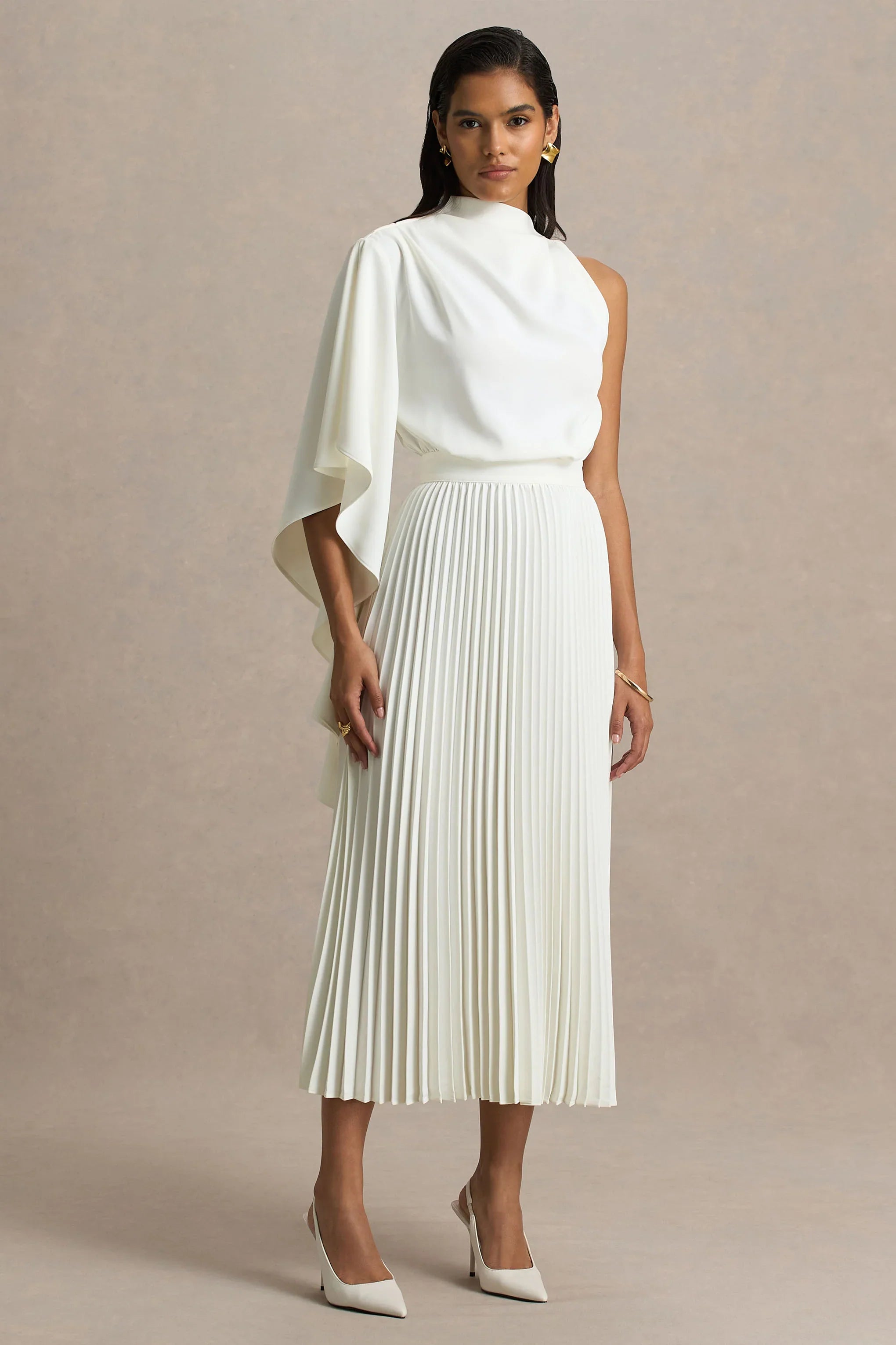 Jimena Cream High Neck Midi Dress With One Long Sleeve And Pleated Detailing