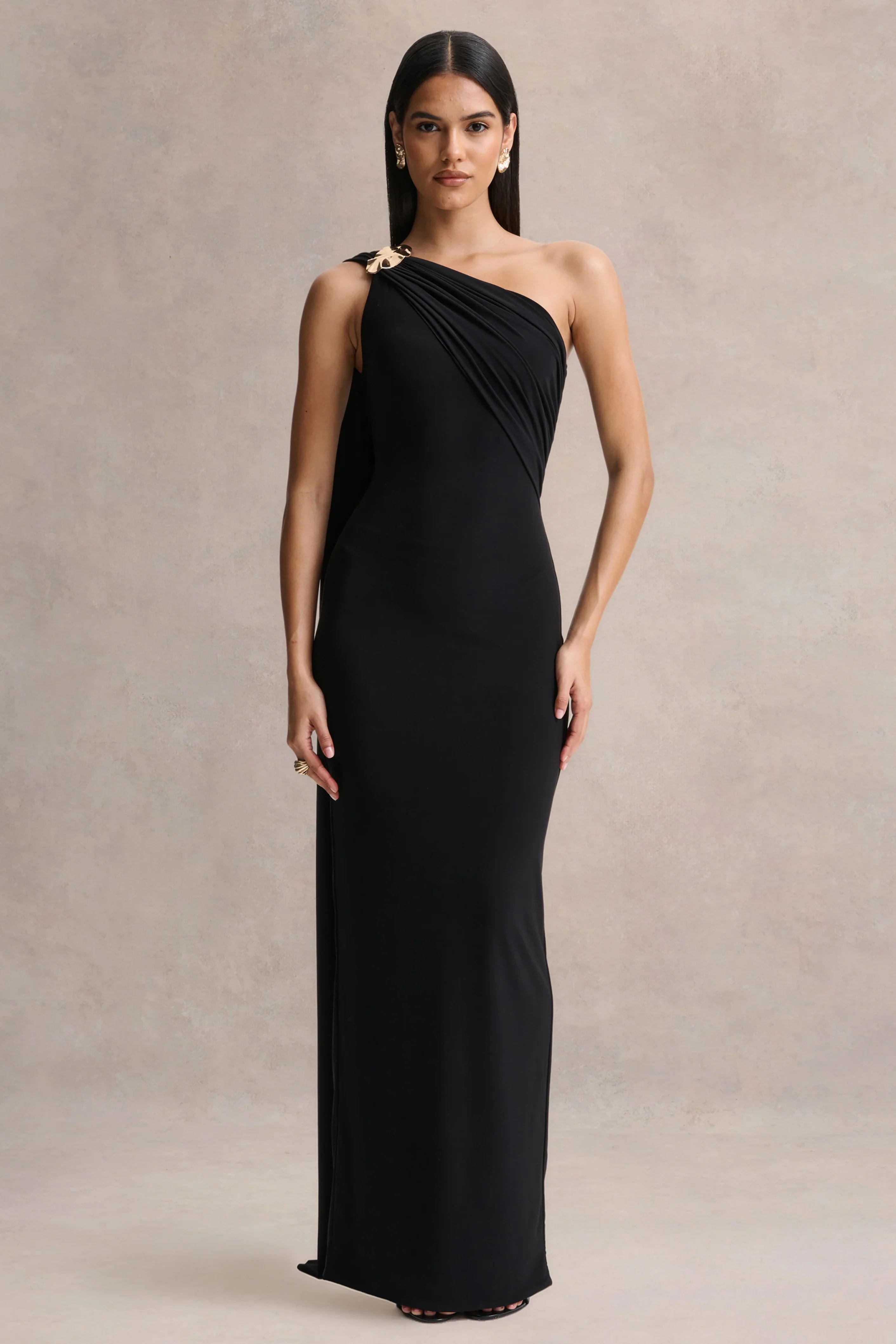 Mandy Black Asymmetric Neck Maxi Dress
