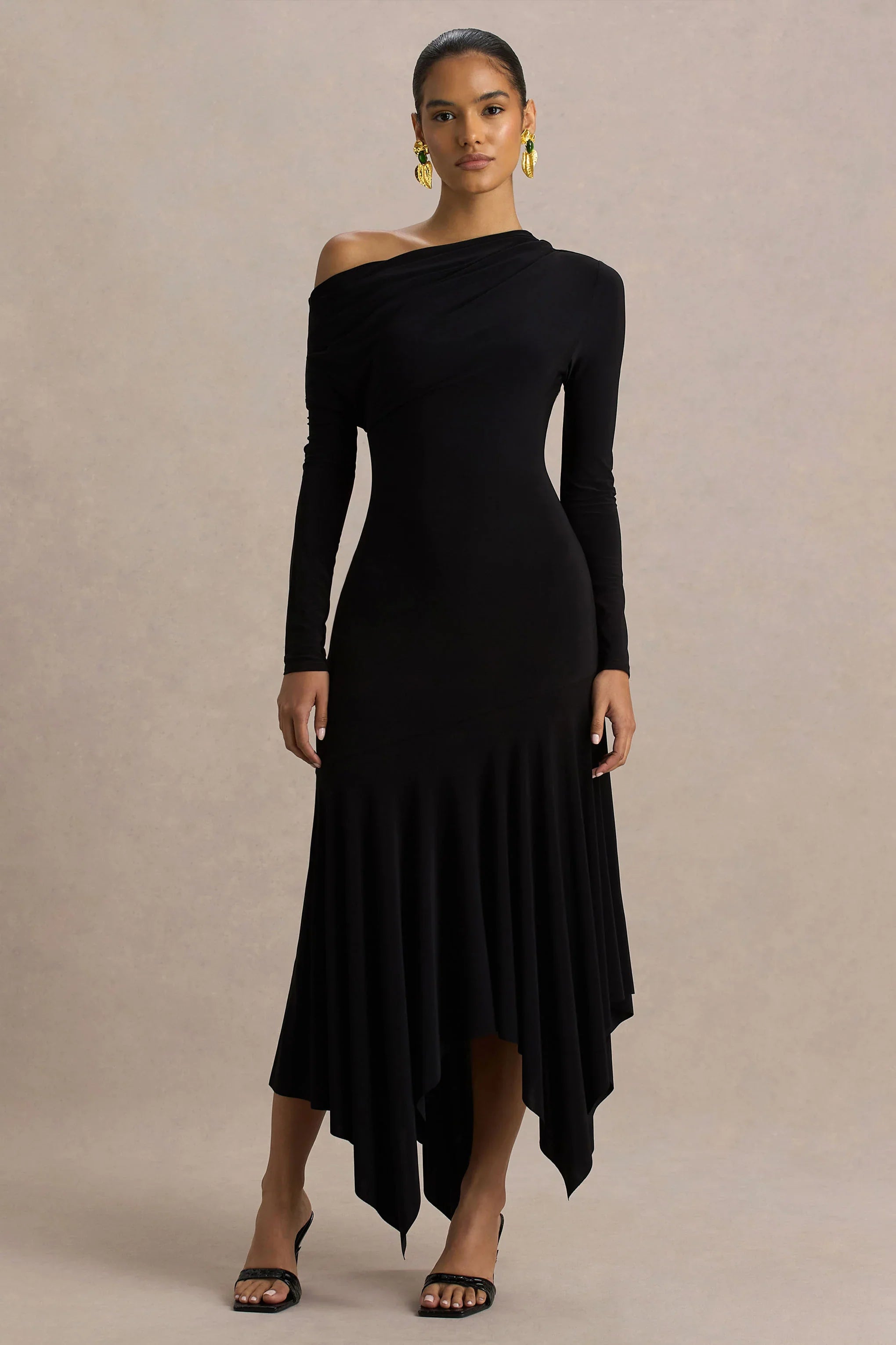 Isola Black Asymmetric Neck Midi Dress With Hanky Hem