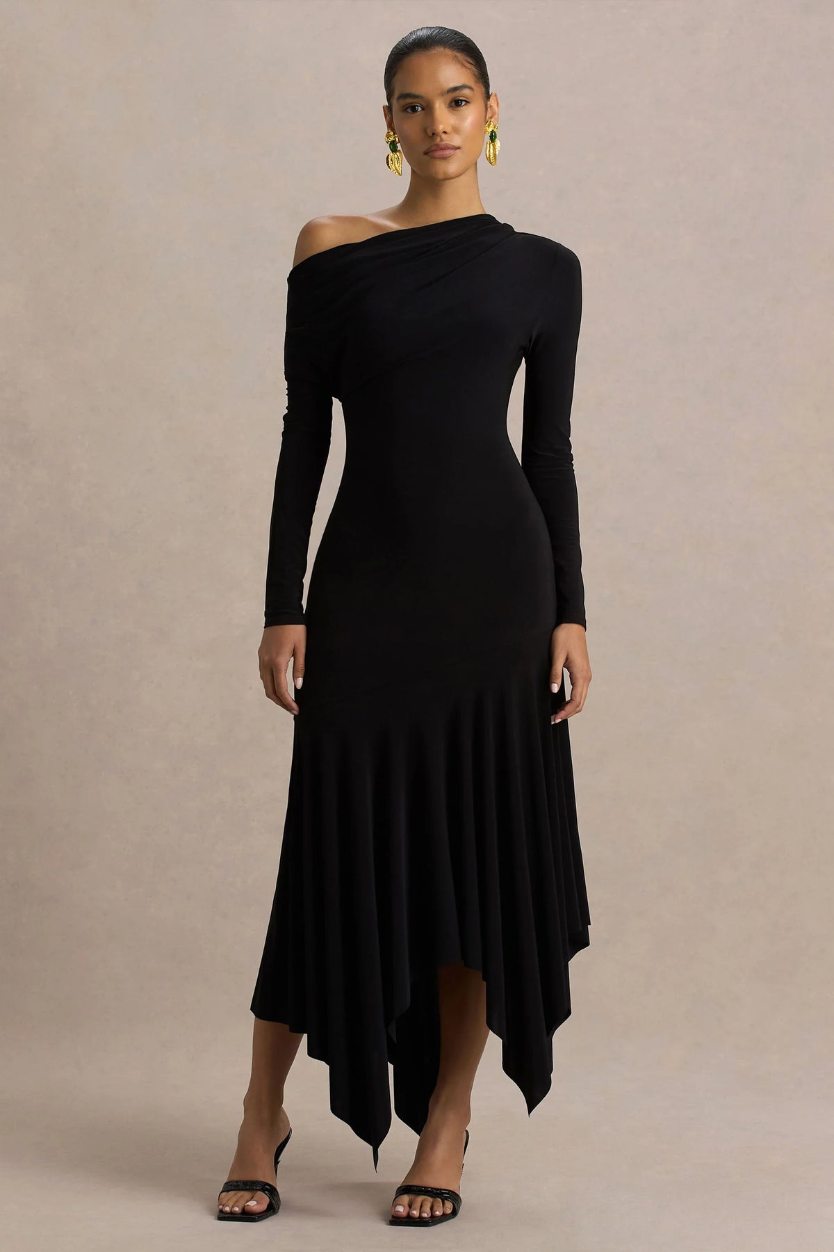 Isola Black Asymmetric Neck Midi Dress With Hanky Hem
