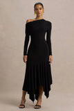 Isola Black Asymmetric Neck Midi Dress With Hanky Hem