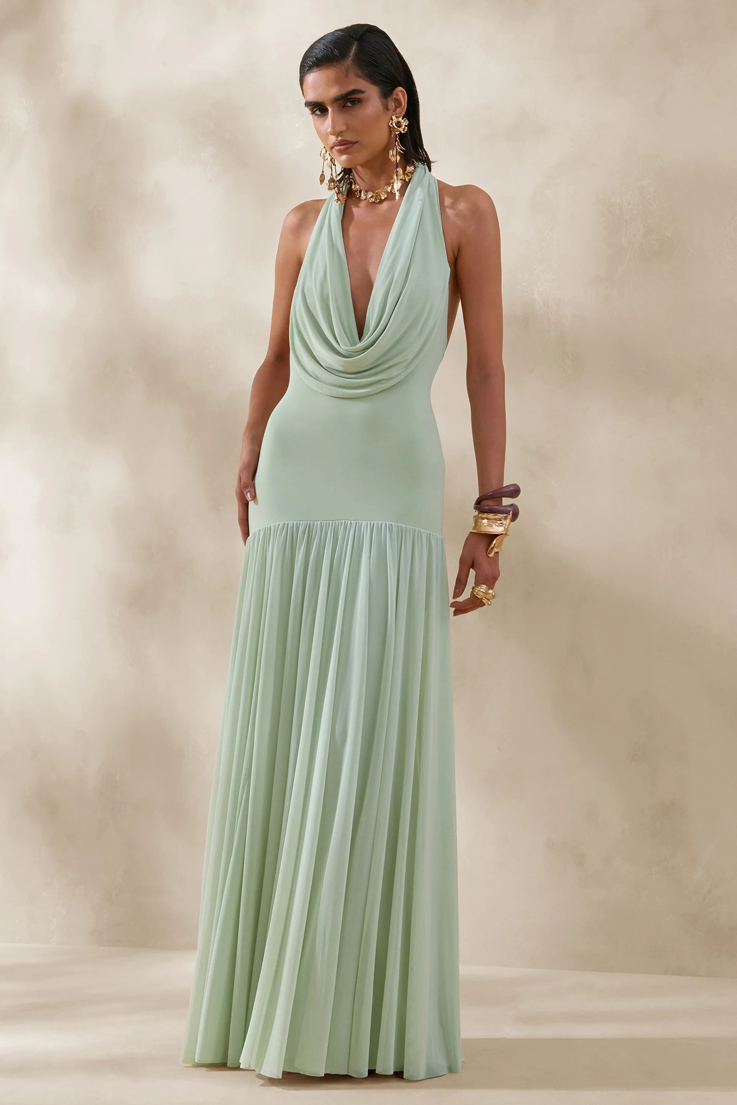 Verity Green Cowl Neck Maxi Dress With Sheer Skirt