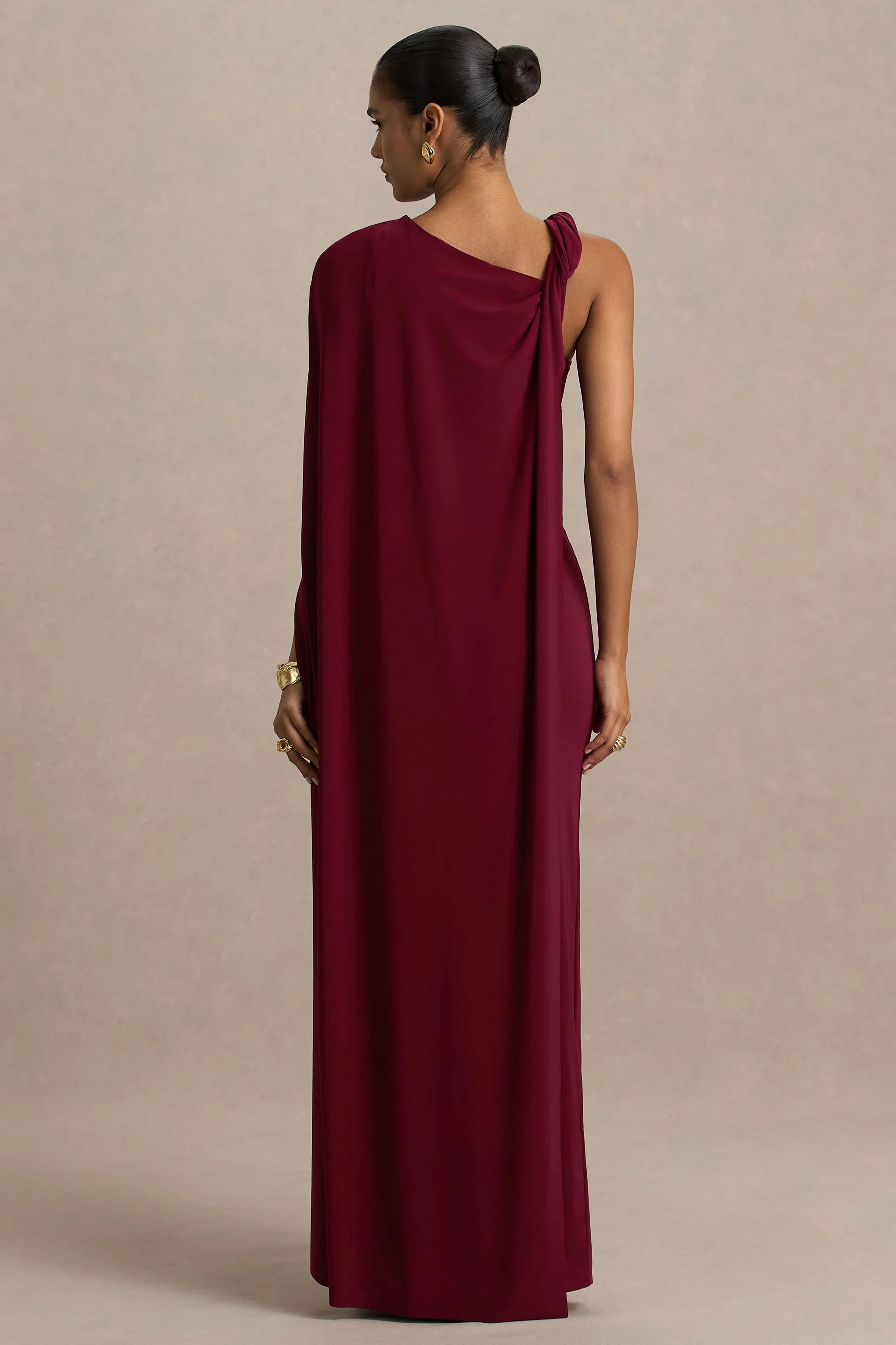 Cressida Burgundy Asymmetric Neck Maxi Dress With Cape And Gold Detail
