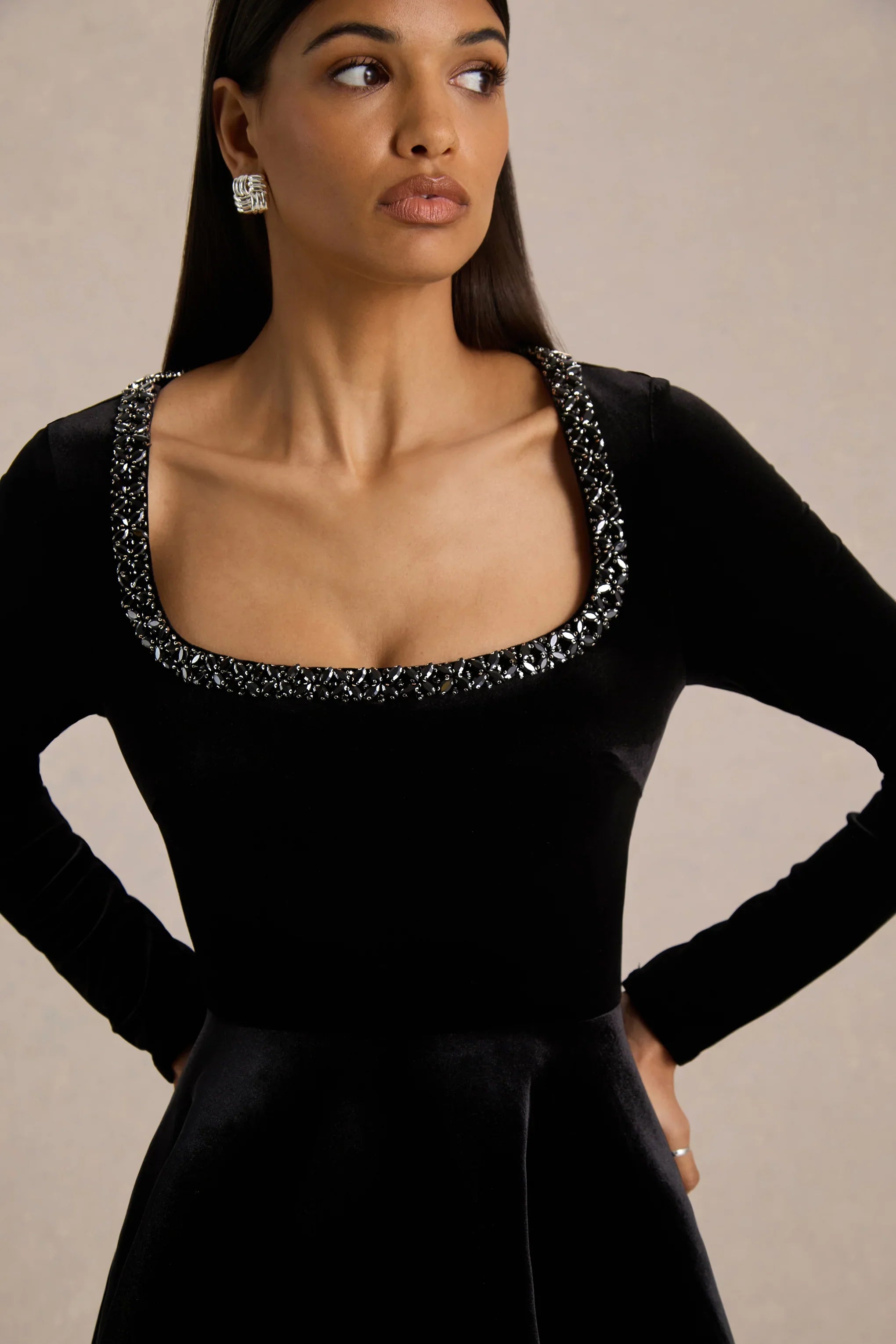 Beloved Black Velvet Embellished Square Neck Mini Dress
